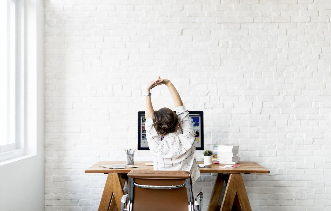 Wallpaper wall, woman, computer, back, work, elongation, Tired, office work image for desktop, section настроения