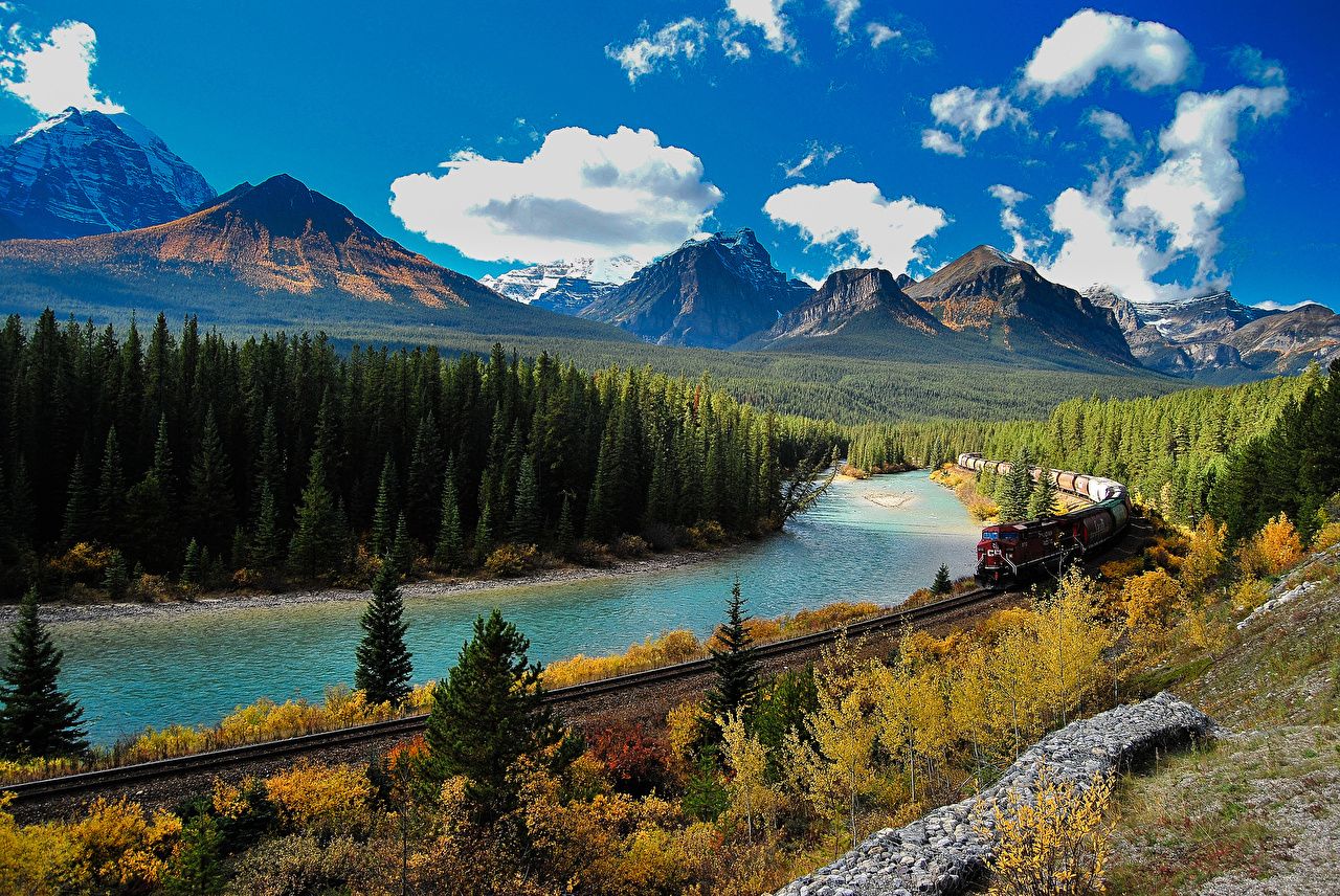 Image Banff Canada Autumn Nature mountain park Trains forest