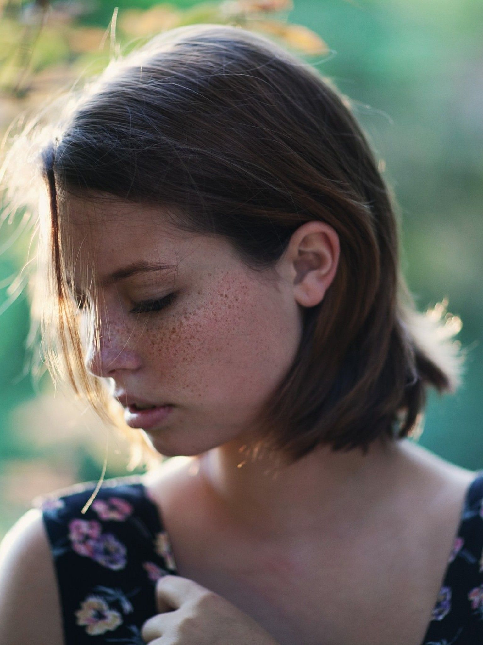 Download 1536x2048 Model, Freckles, Profile View, Short Hair, Sunshine, Women Wallpaper for Apple iPad Mini, Apple IPad 3, 4