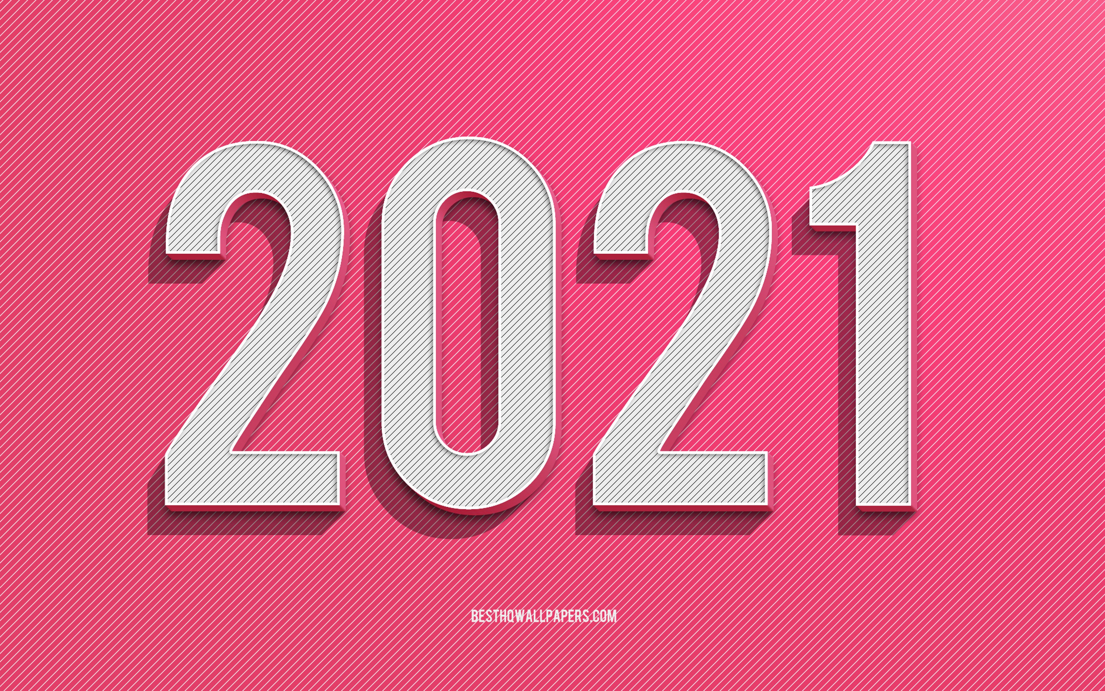 Download wallpaper 2021 New Year, 2021 Pink background, 2021 concepts, creative art, Happy New Year pink lines background for desktop with resolution 3840x2400. High Quality HD picture wallpaper