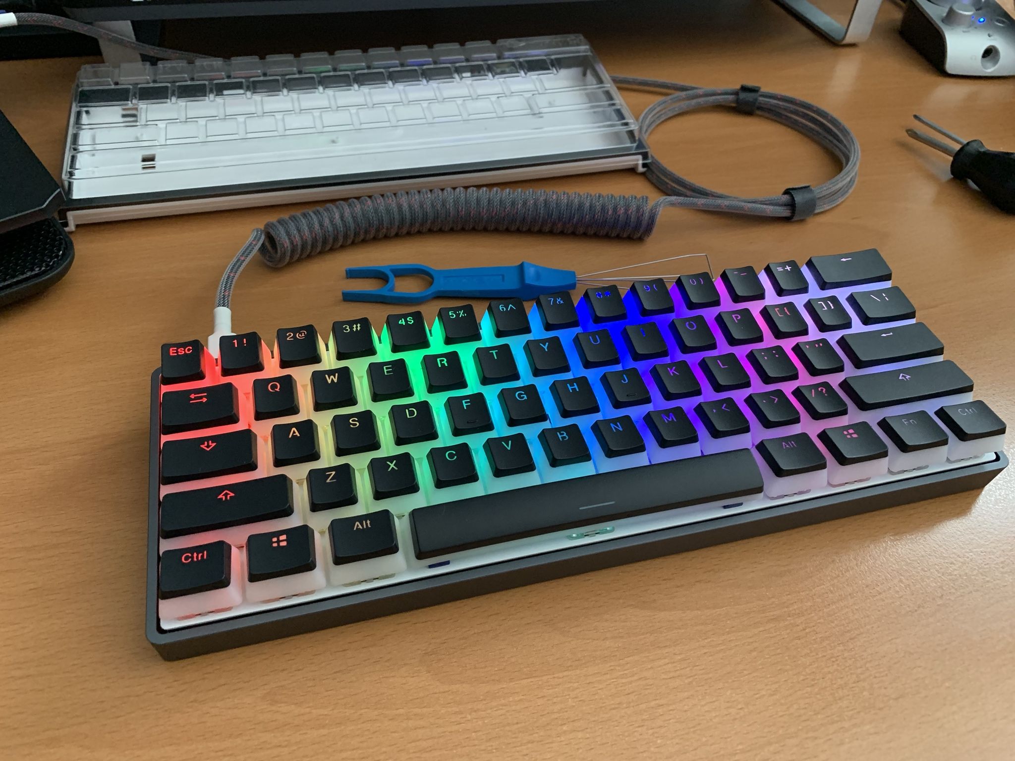 Ducky One 2 RGB Mini w/ pudding keycaps, 60% low profile aluminum case from KBDfans, and custom USB cable from Mechcables
