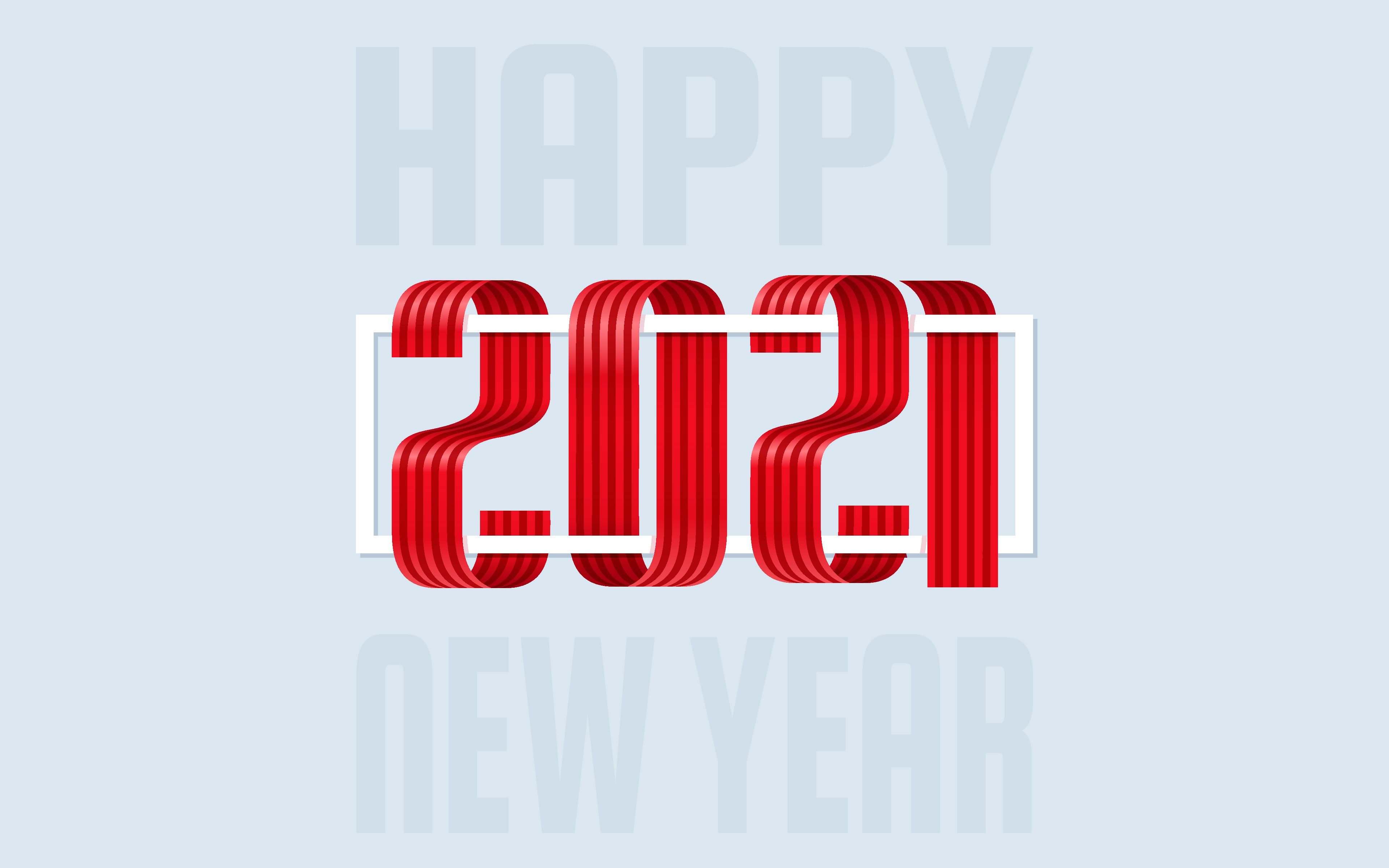 Download wallpaper Happy New Year 2021, 4k, gray background, red ribbon letters, 2021 New Year, 2021 creative art for desktop with resolution 3840x2400. High Quality HD picture wallpaper