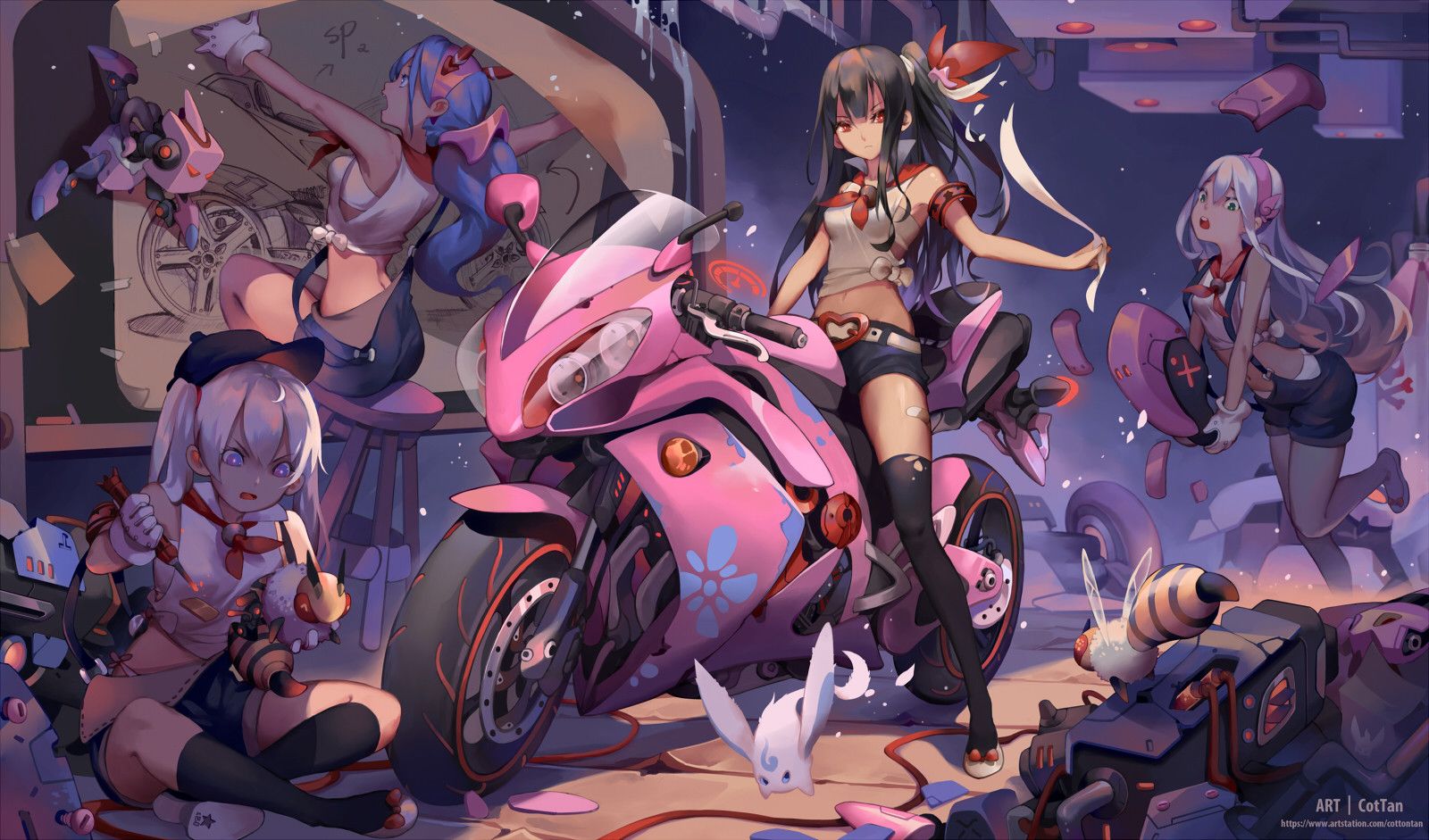 Anime Girls Anime Motorcycle Vehicle Pink Wallpaper:1600x941