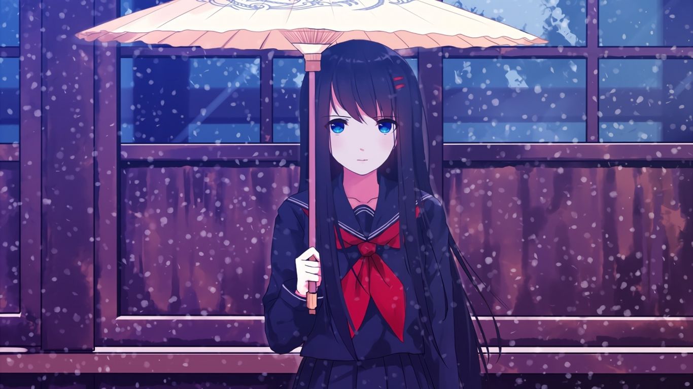 Download umbrella, blue eyes, anime girl, winter 1366x768 wallpaper, tablet, laptop, 1366x768 HD image, background, 6905