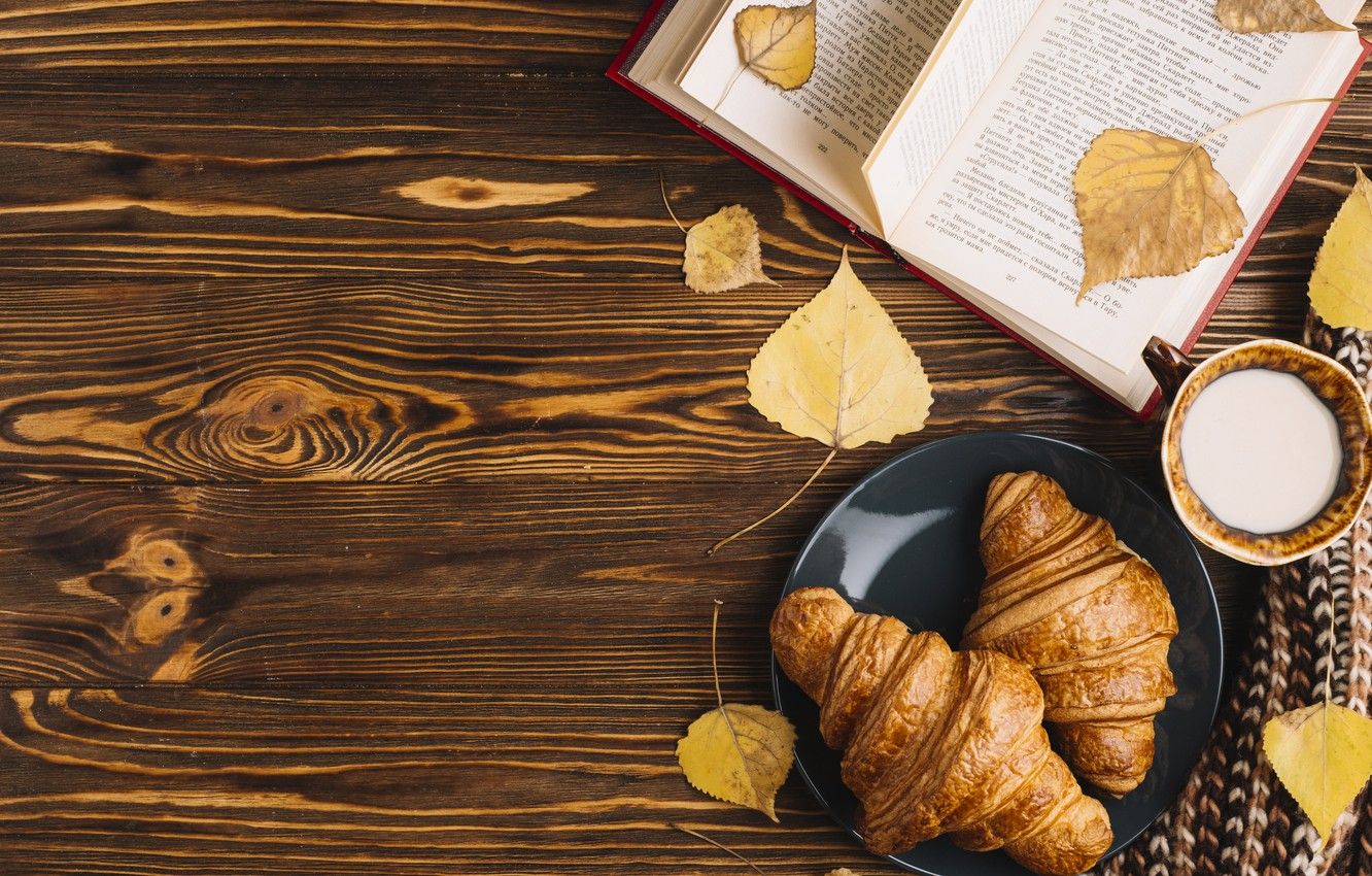 Wallpaper autumn, leaves, colorful, Cup, book, wood, background, autumn, leaves, cup, book, growing, croissant, milk image for desktop, section еда