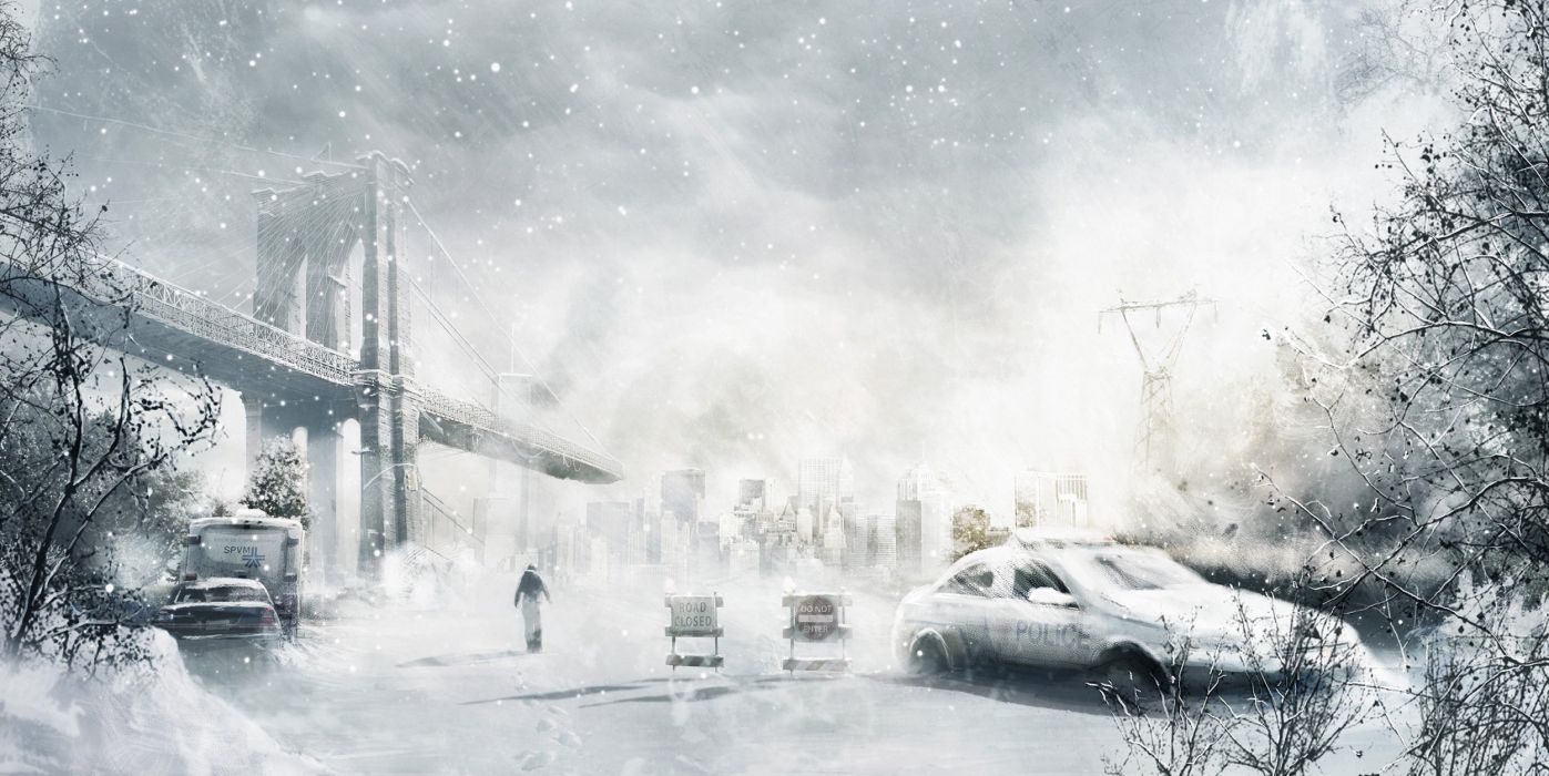 Car city snow man winter art police storm bridge wallpaperx1253