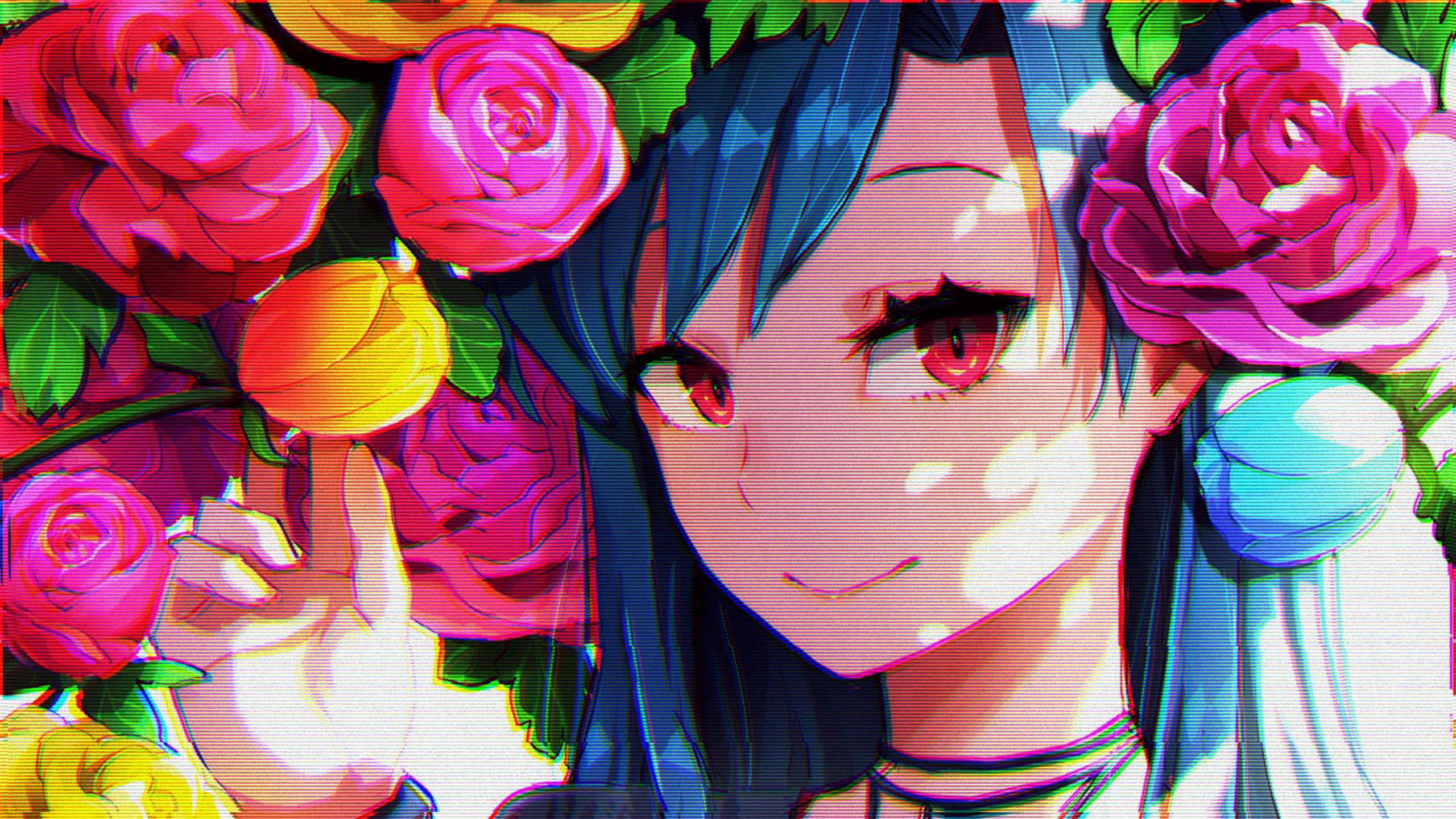 Female anime character wallpaper, anime girls, red eyes, glitch art, flowers • Wallpaper For You HD Wallpaper For Desktop & Mobile