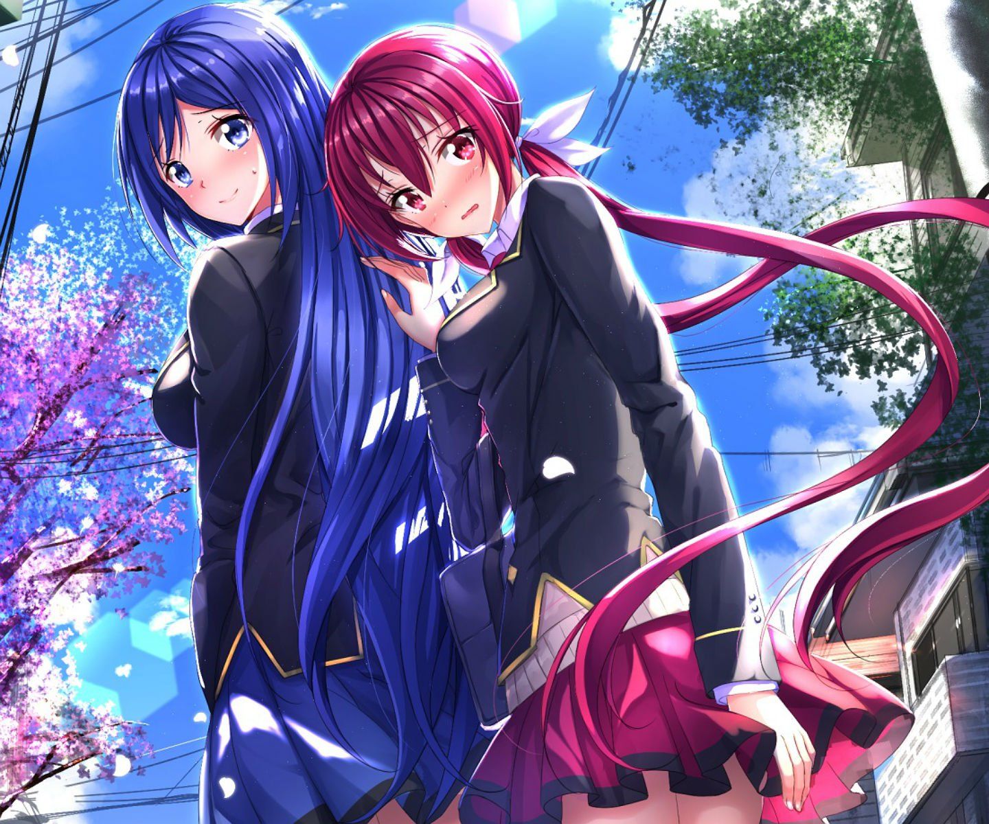 Blue eyes blue hair blush building joukamachi no dandelion long hair red eyes red hair sakurada akane sakurada aoi seifuku swordsouls tree twintails wallpaperx1200