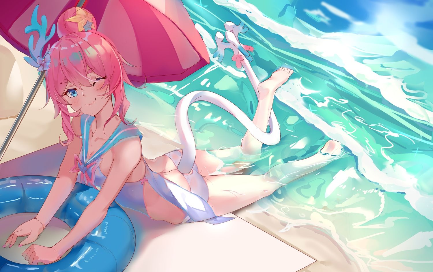 aqua eyes beach blush fang honkai impact pink hair rozaliya olenyeva school uniform sketch summer swim ring swimsuit tail wet wink zhongwu chahui. konachan.com.com Anime Wallpaper