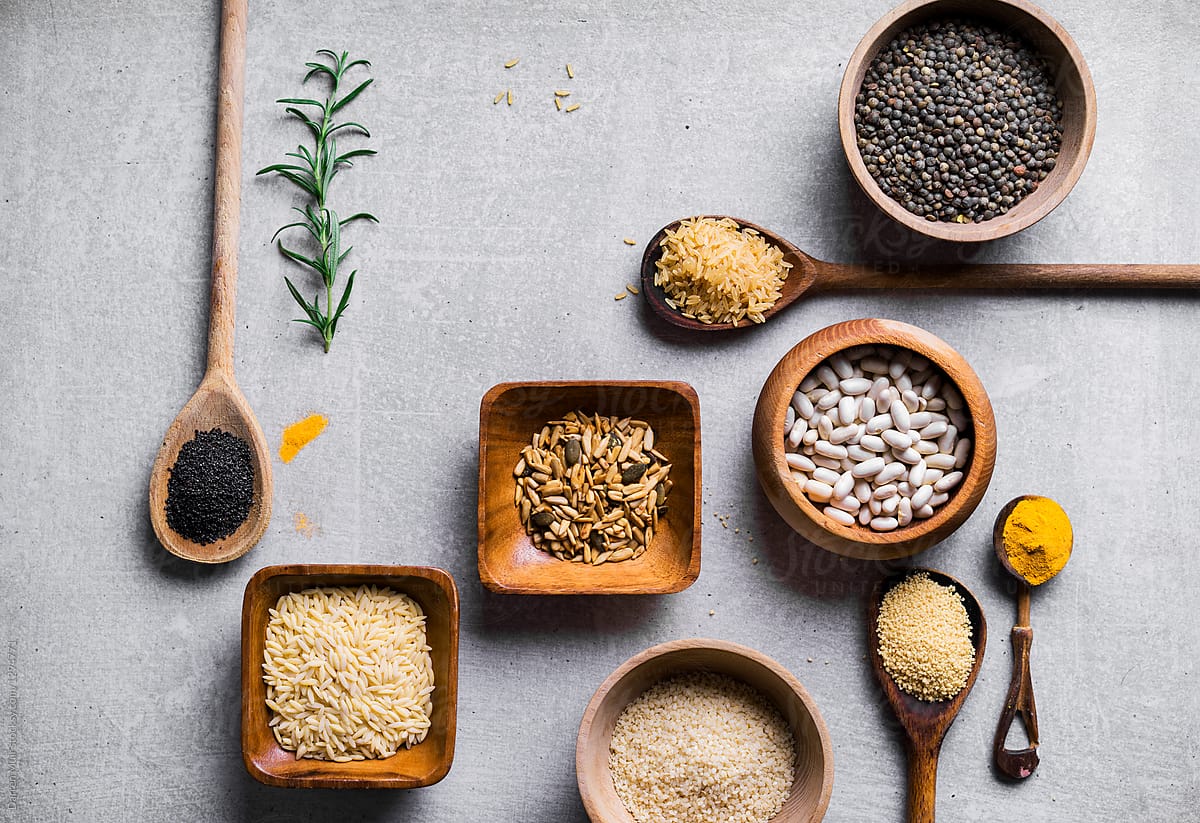 Dried grains, spices and pulses on a concrete background. by Darren Muir food, Healthy