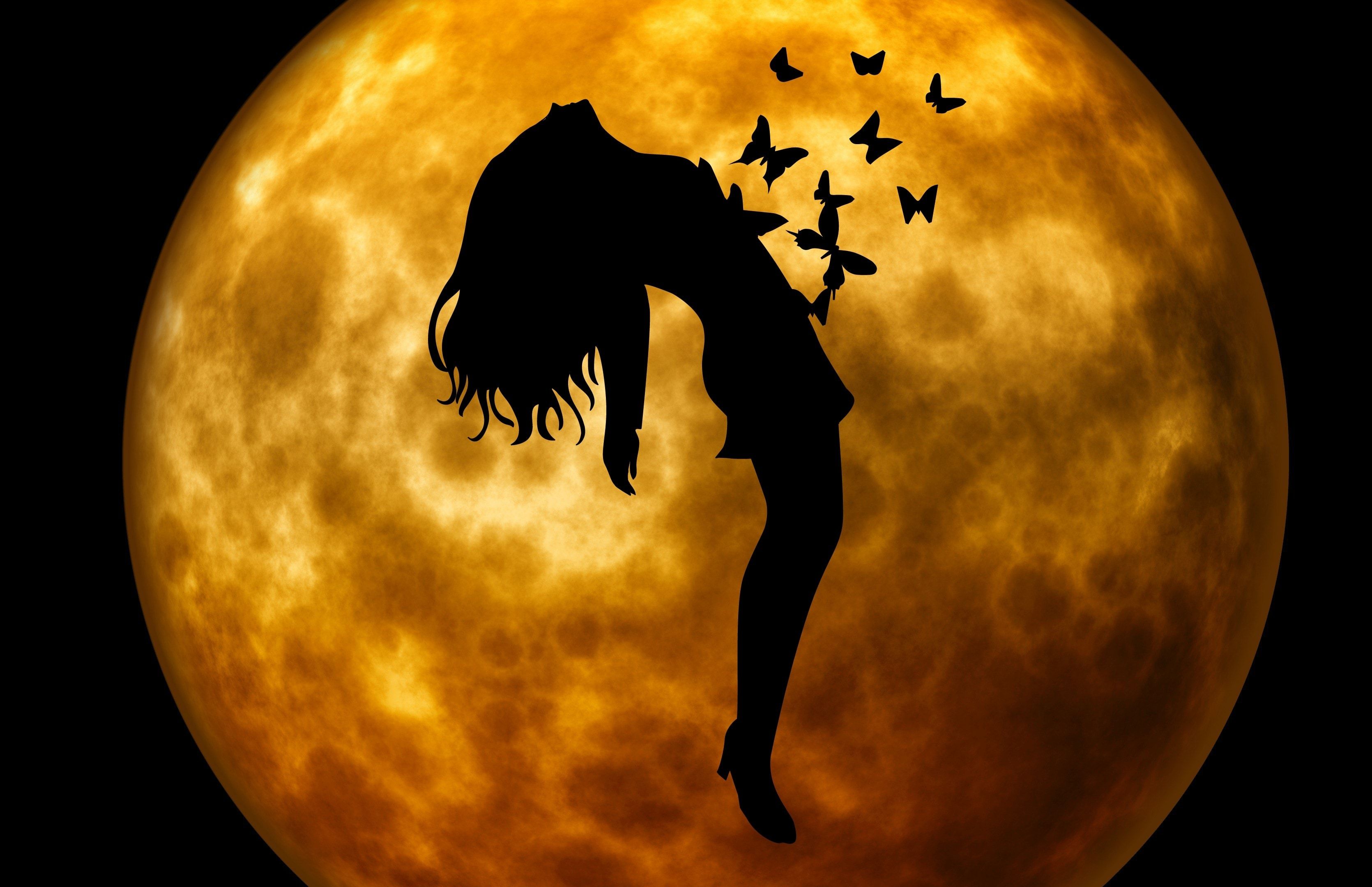 woman infront of yellow moon illustration free image