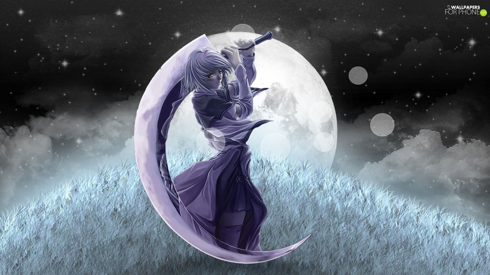 katana, Women, moon phone wallpaper: 1600x900