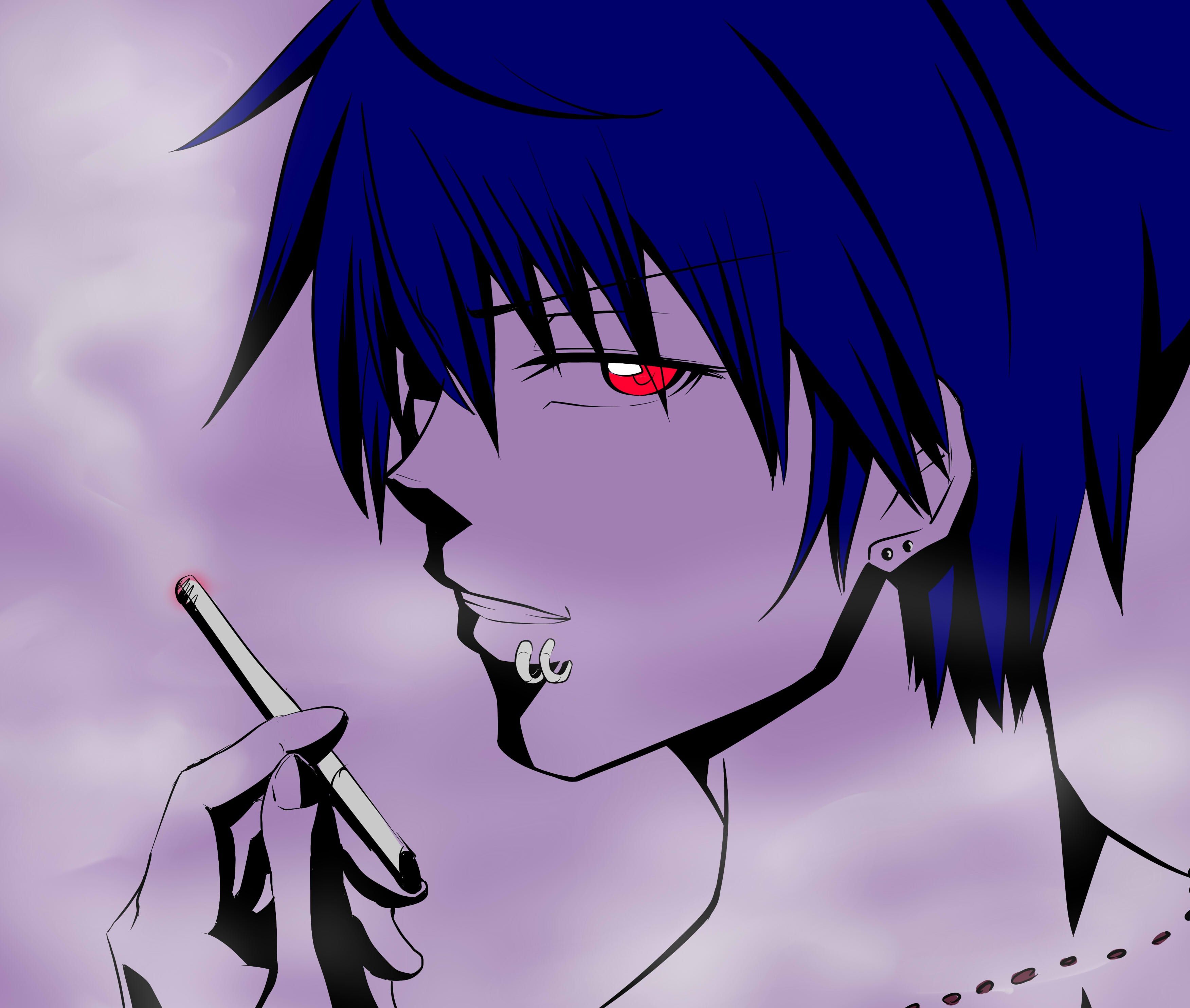 Anime eboy smoking in the rain