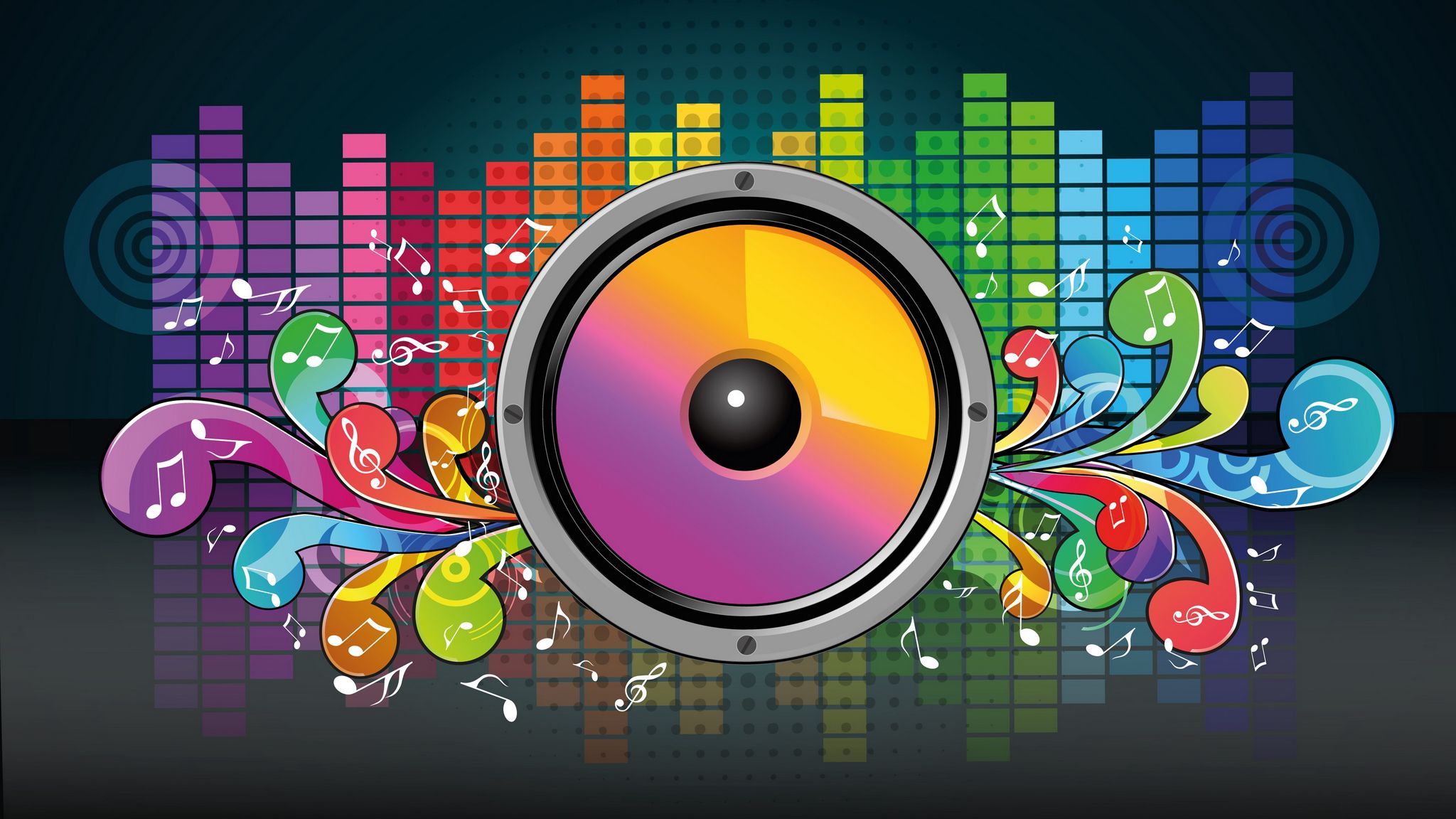 Download wallpapers 2048x1152 speaker, equalizer, musical notes, music ultrawide monitor hd backgrounds
