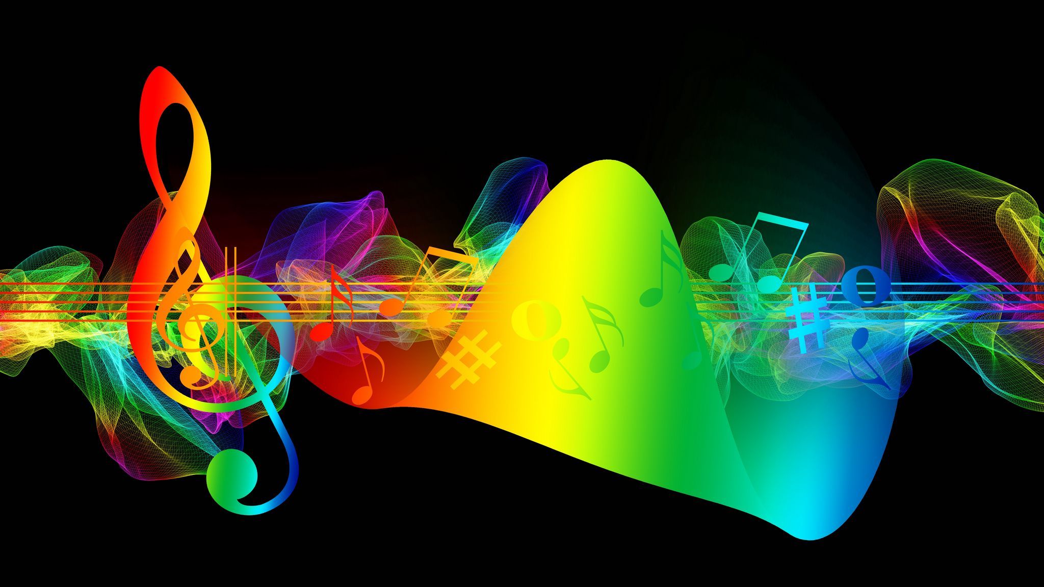 Download wallpapers 2048x1152 treble clef, musical notes, multicolored, rainbow ultrawide monitor hd backgrounds