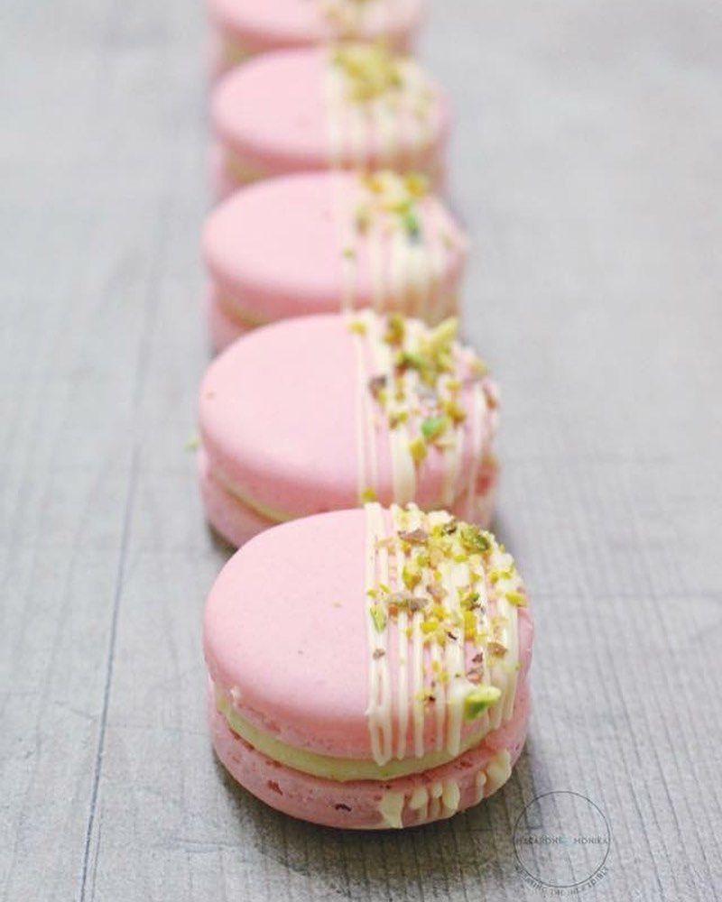 Monika. Macarons by Monika on Instagram: “We have an option to have these pretty pistachio macarons in pink if yo. Desserts, Macaroon recipes, Pistachio macarons