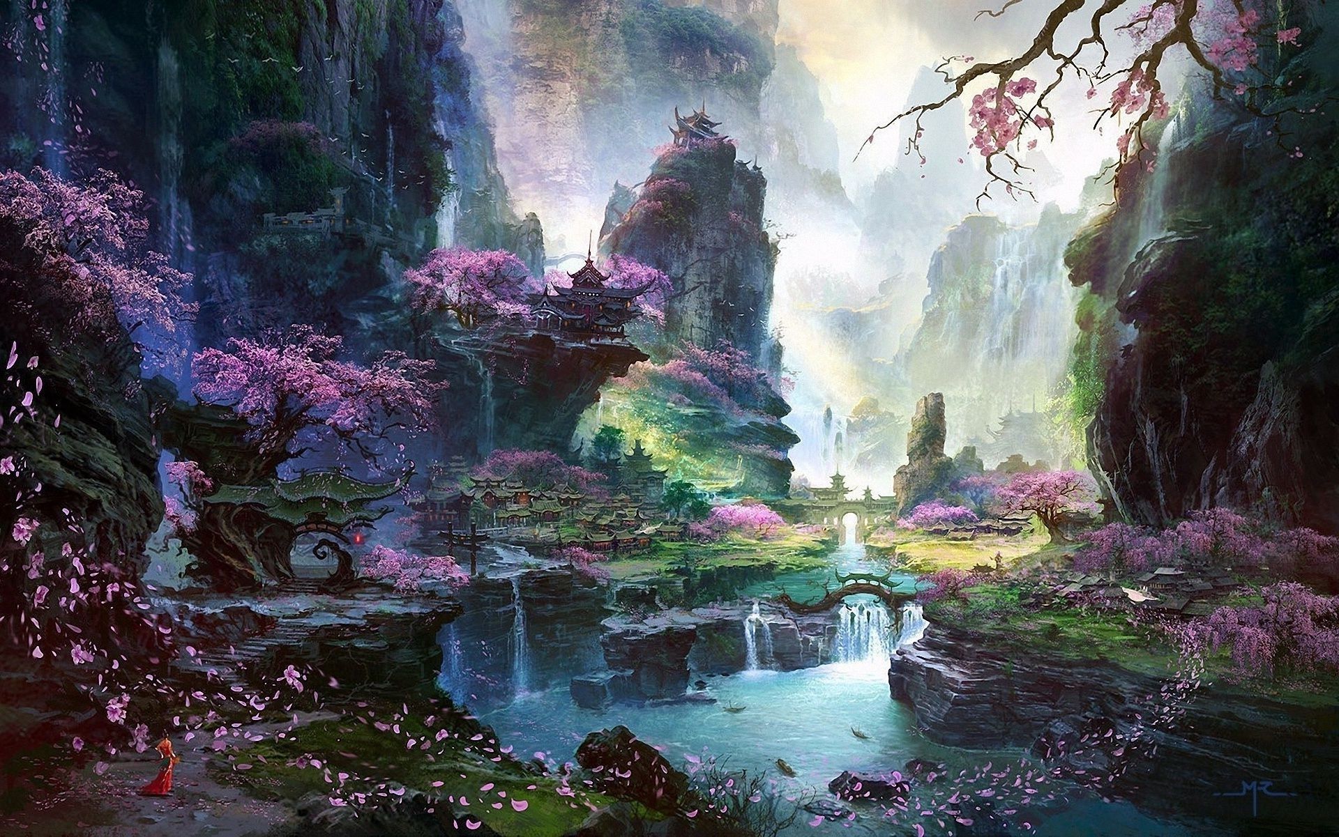 1920x Waterfall River Landscape Asia Art Sakura Asian Fantasy Art