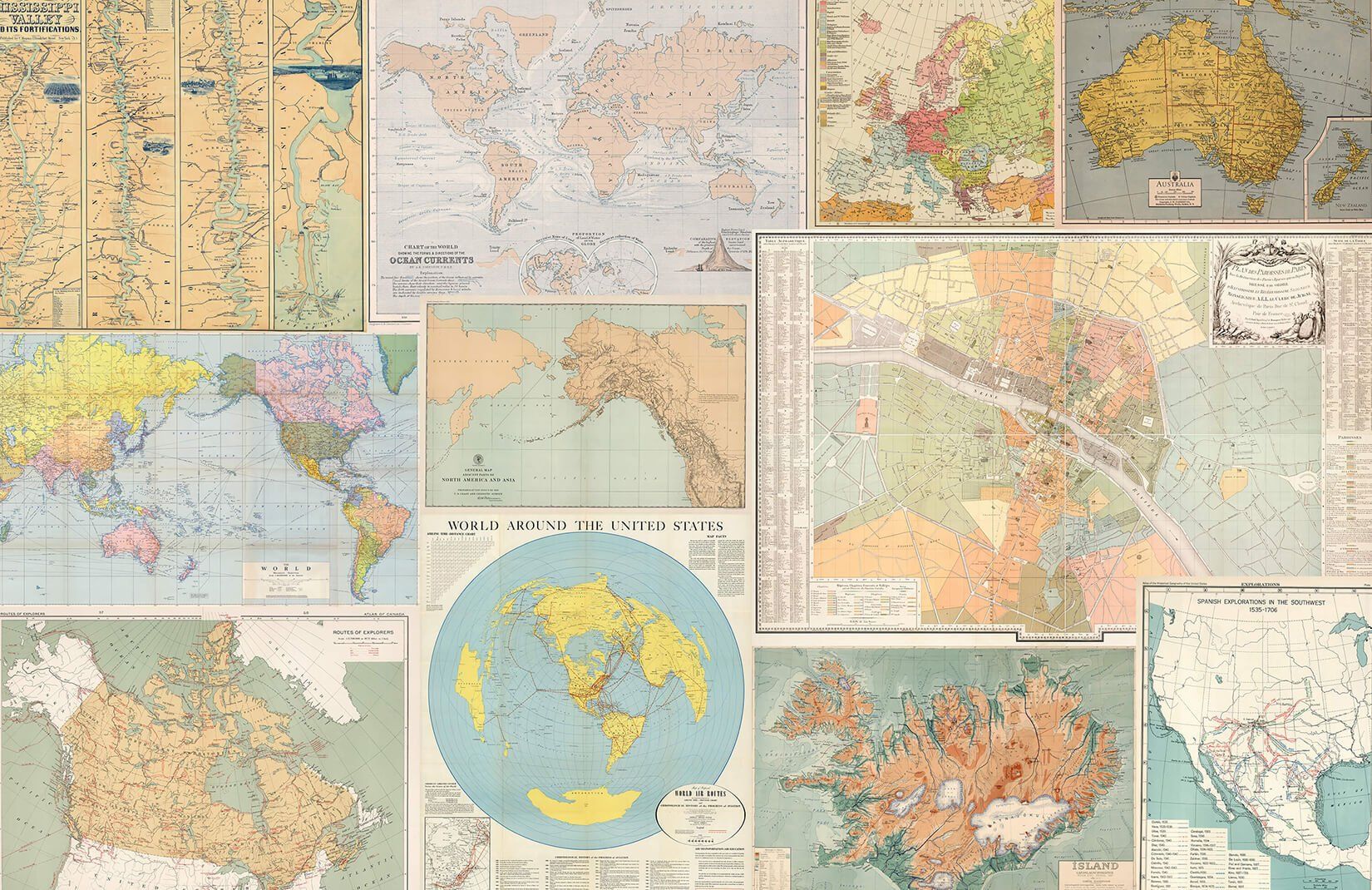 Vintage Retro Map Collage Wallpaper Mural