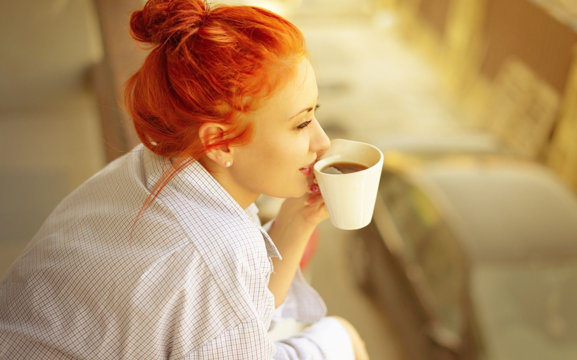 women, Redhead, Coffee, Cup, Hair Bun Wallpaper HD / Desktop and Mobile Background