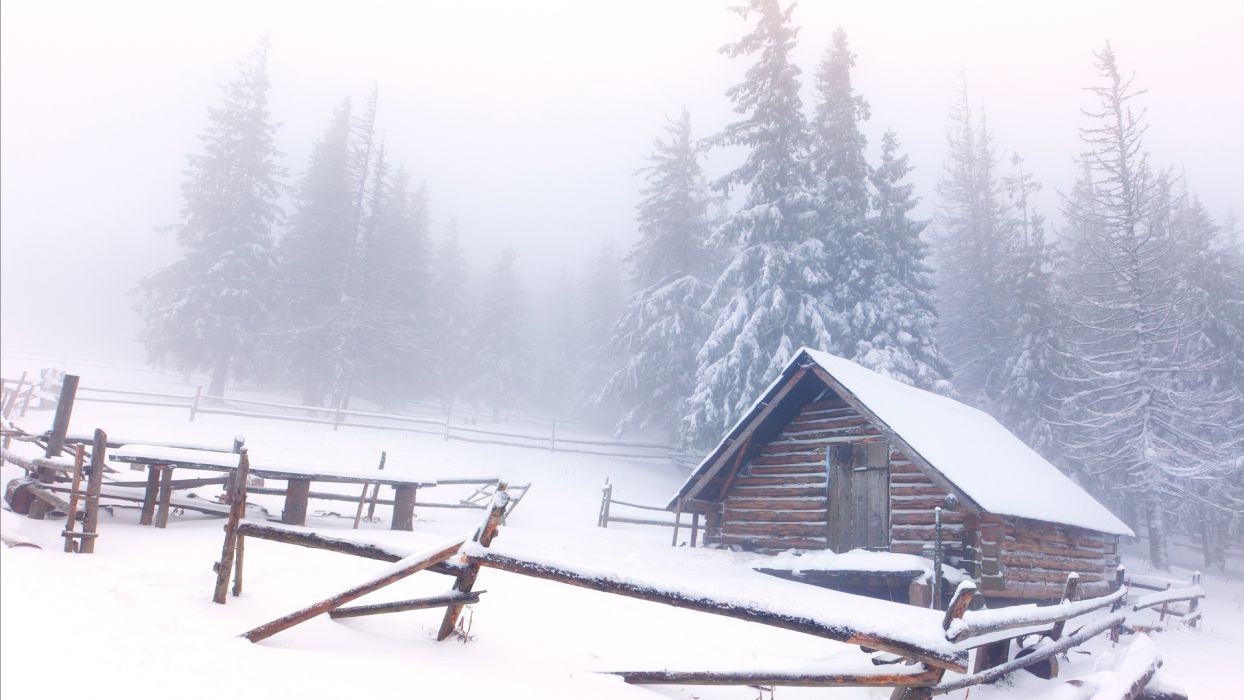 Architecture houses cabin shed fence winter snow nature landscapes fog trees meadow forest wallpaperx1080