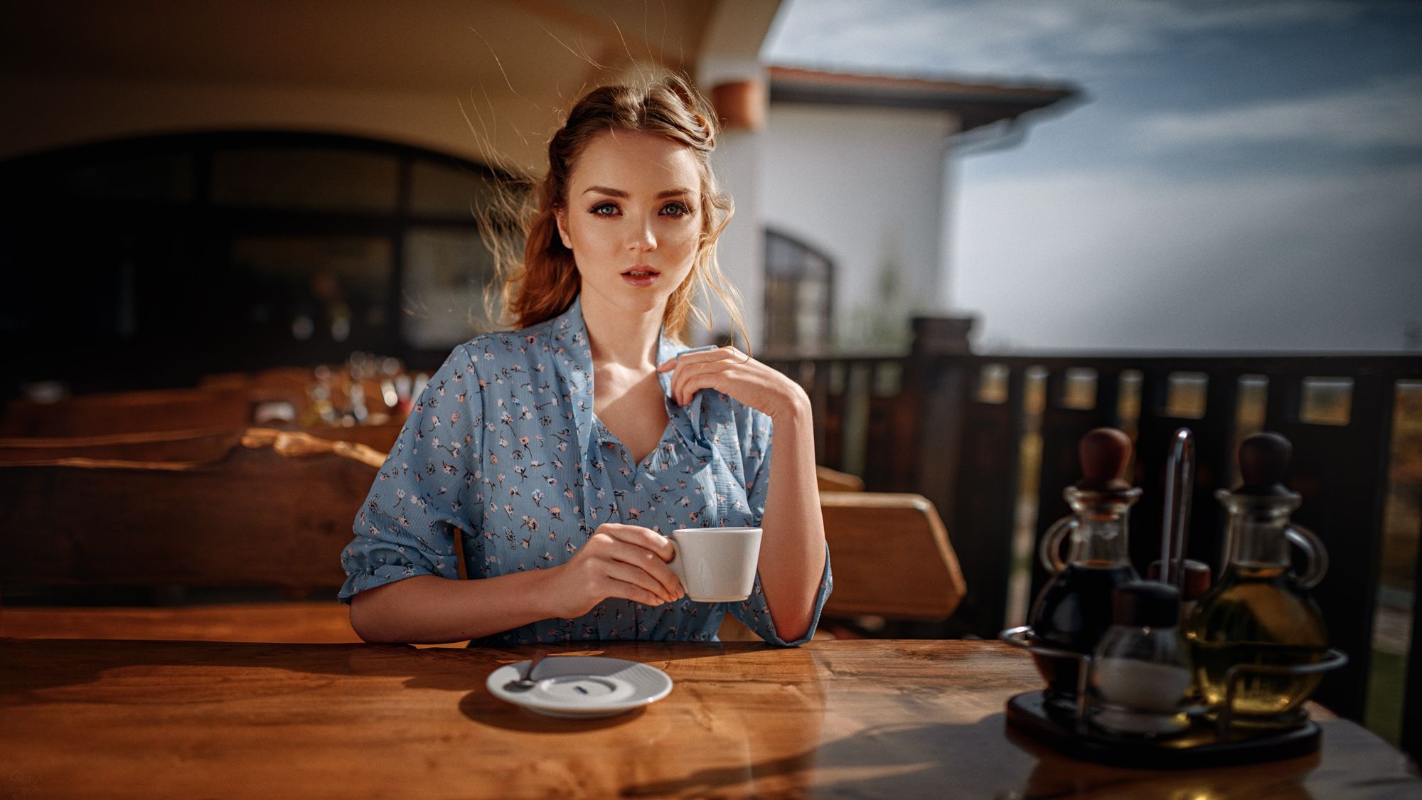 Ekaterina Sherzhukova Women Model Brunette Looking At Viewer Portrait Dress Table Coffee Cup Sitting Wallpaper:2000x1125