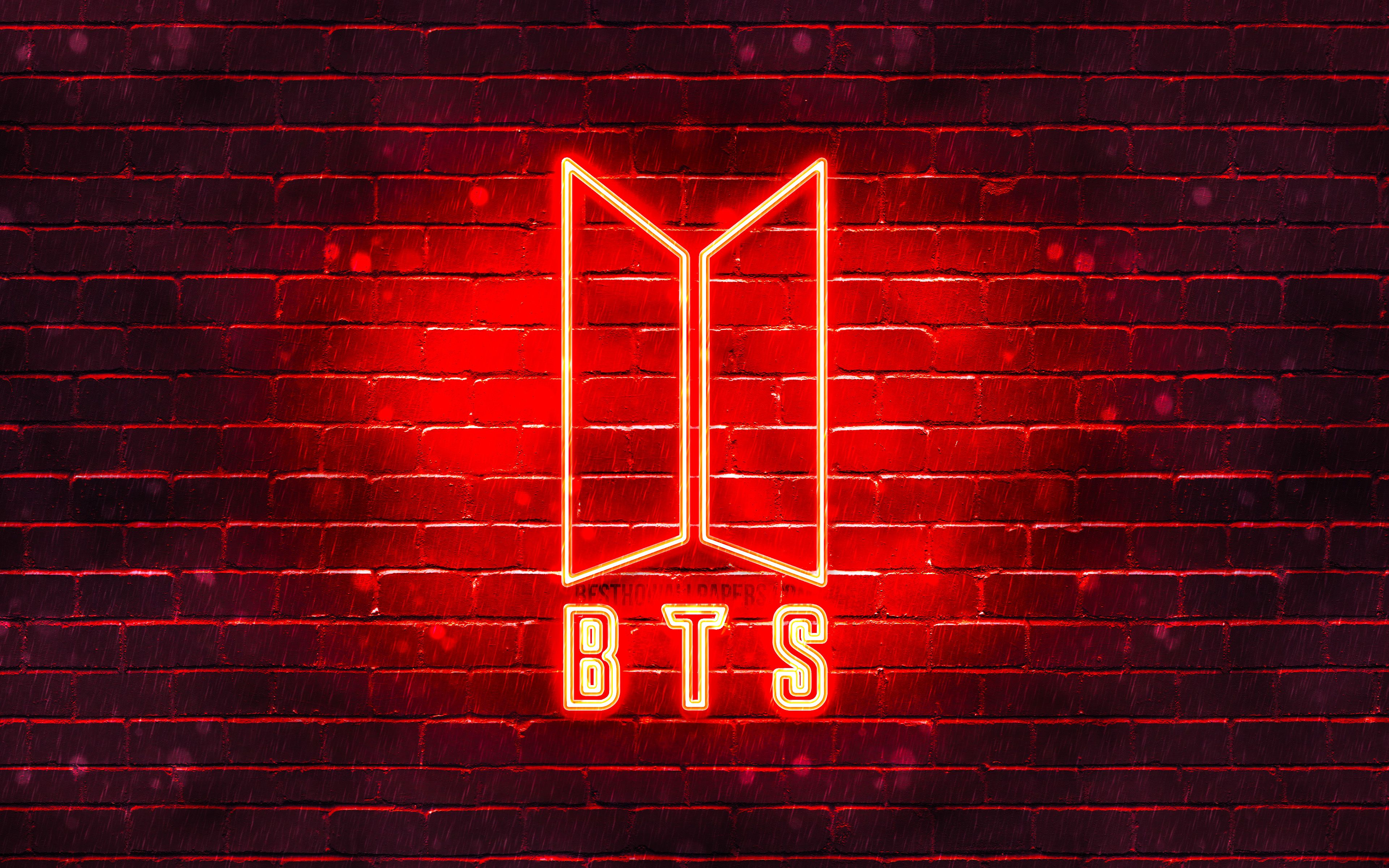 Download wallpaper BTS red logo, 4k, Bangtan Boys, red brickwall, BTS logo, korean band, BTS neon logo, BTS for desktop with resolution 3840x2400. High Quality HD picture wallpaper