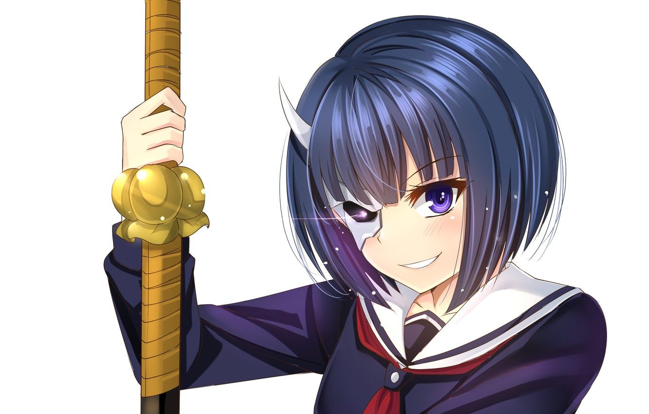Wallpaper sword, katana, ken, blade, mask, martial artist, bishojo, horn, Armed Girl's Machiavellism, Busou Shoujo Machiavellianism, Rin Onigawara image for desktop, section сёнэн