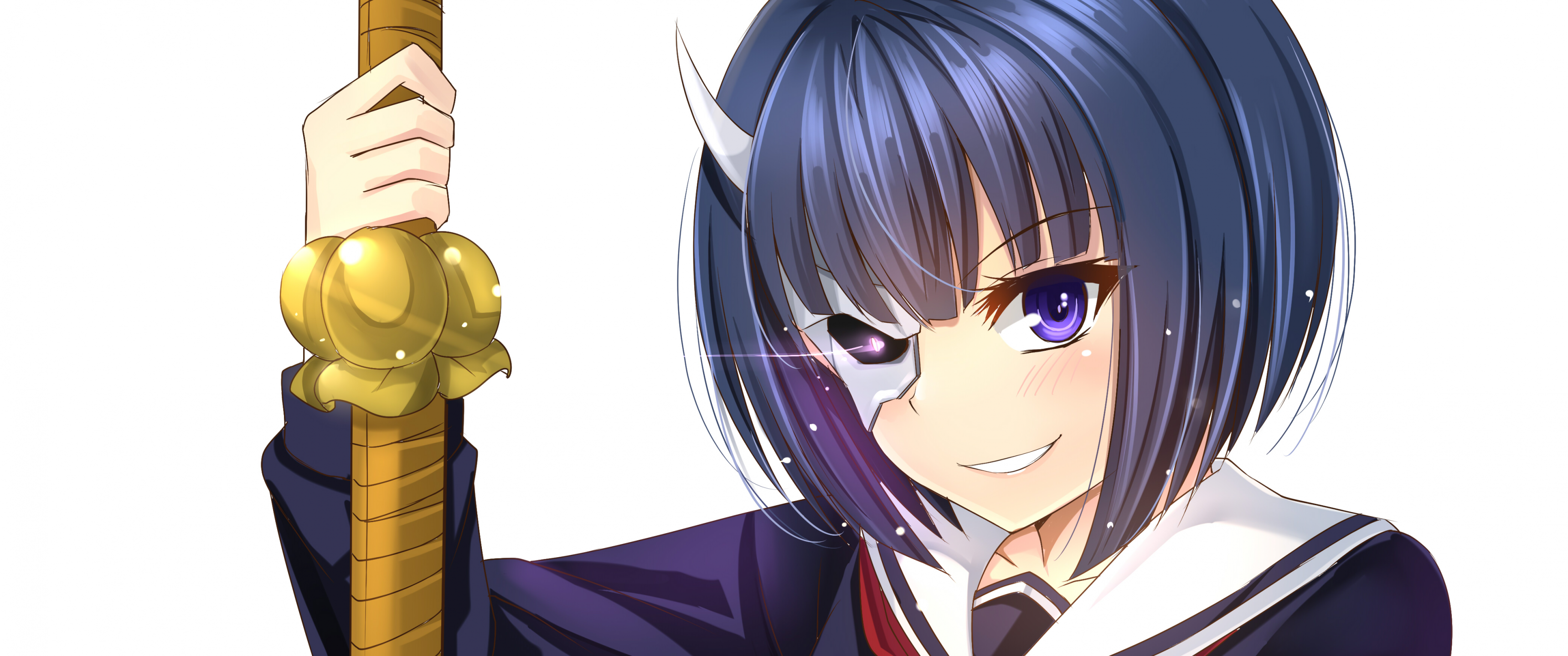 Download 3440x1440 Onigawara Rin, Busou Shoujo Machiavellianism, Sword, Smiling, Eye Mask Wallpaper