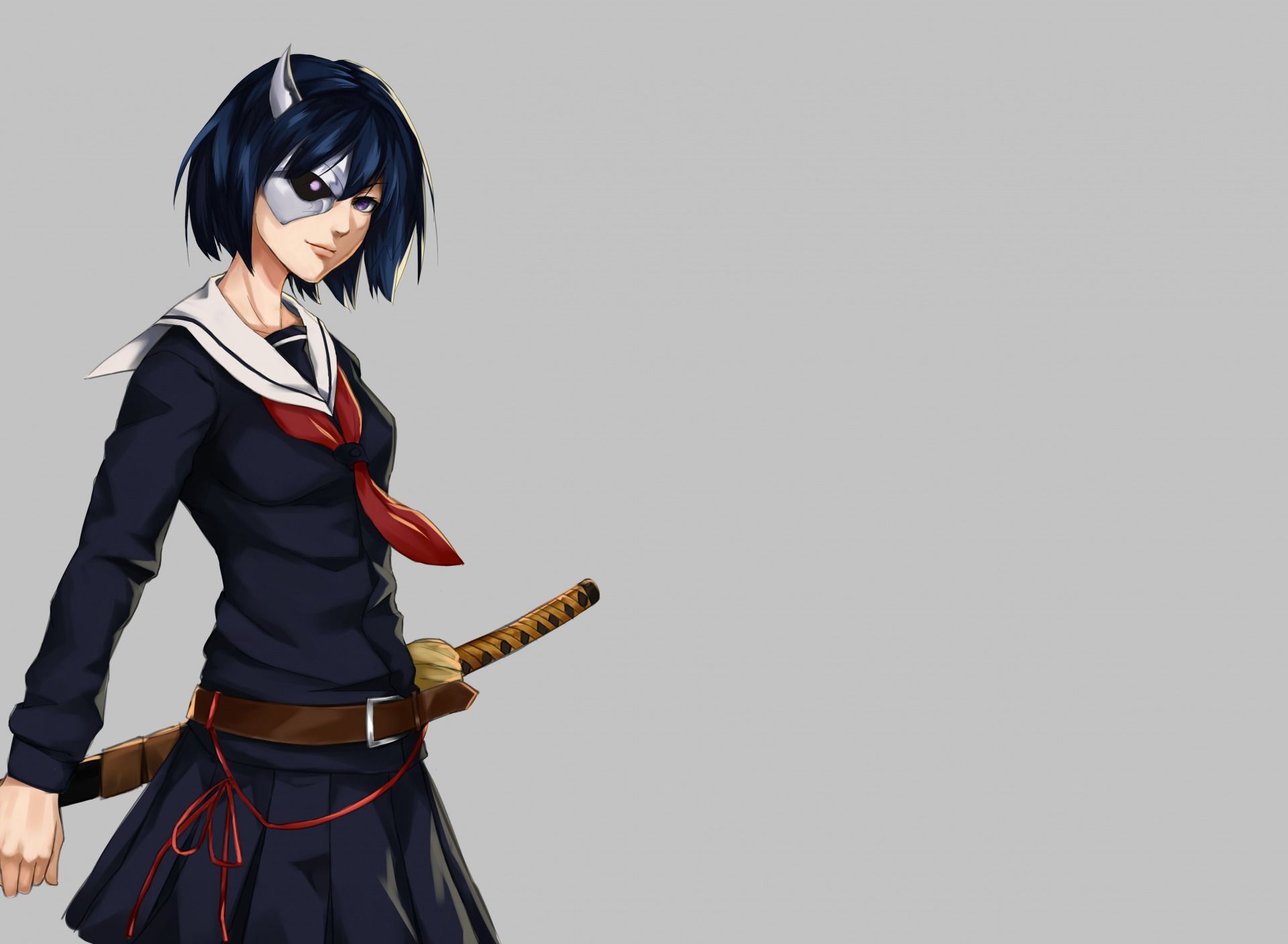 Download wallpaper sword, katana, ken, blade, mask, martial artist, bishojo, seifuku, horn, Armed Girl's Machiavellism, Busou Shoujo Machiavellianism, Rin Onigawara, section shonen in resolution 1920x1408
