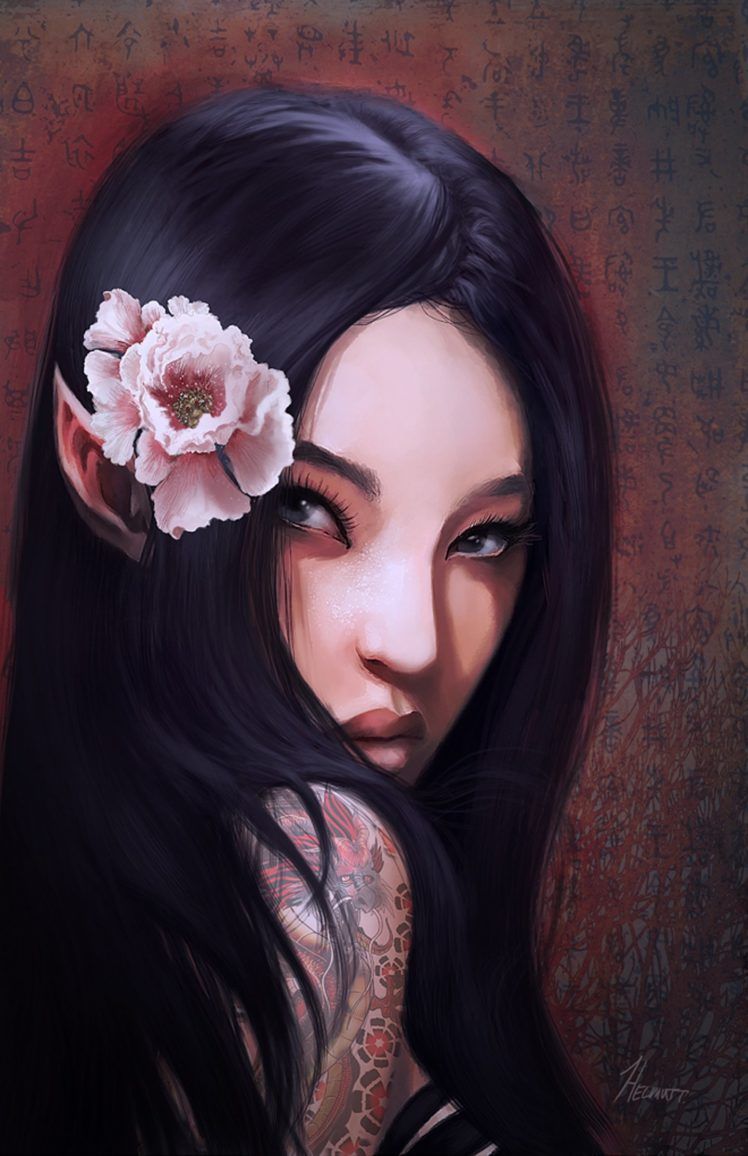 exotic, Poison, Fantasy, Girl, Woman, Elf, Tattoo, Flower, Face, Portrait Wallpaper HD / Desktop and Mobile Background