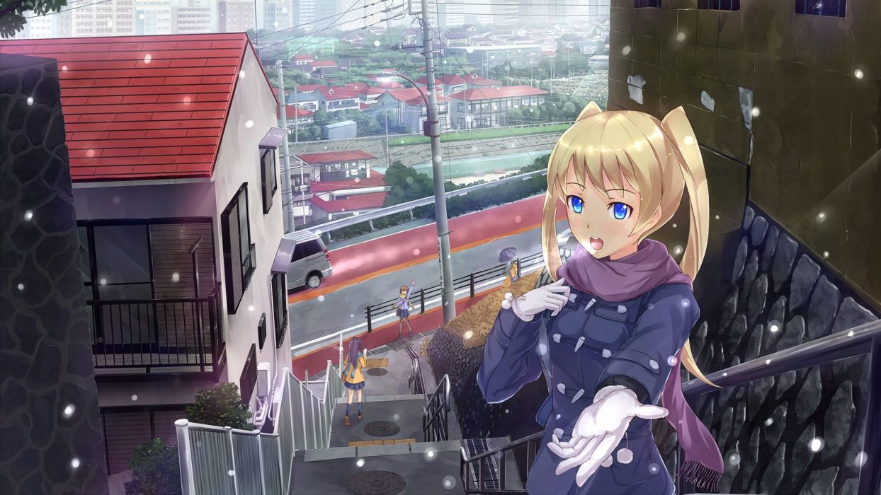 Blondes snow cityscapes streets blue eyes buildings anime scarfs anime girls wallpaperx1080