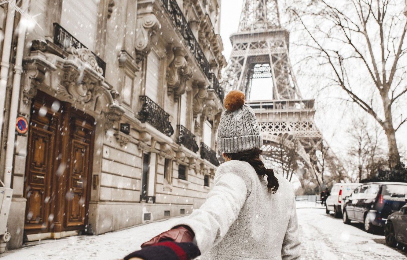 Wallpaper Love, Paris, Winter, France, Snow, Street, Wallpaper, Woman, Mood image for desktop, section настроения