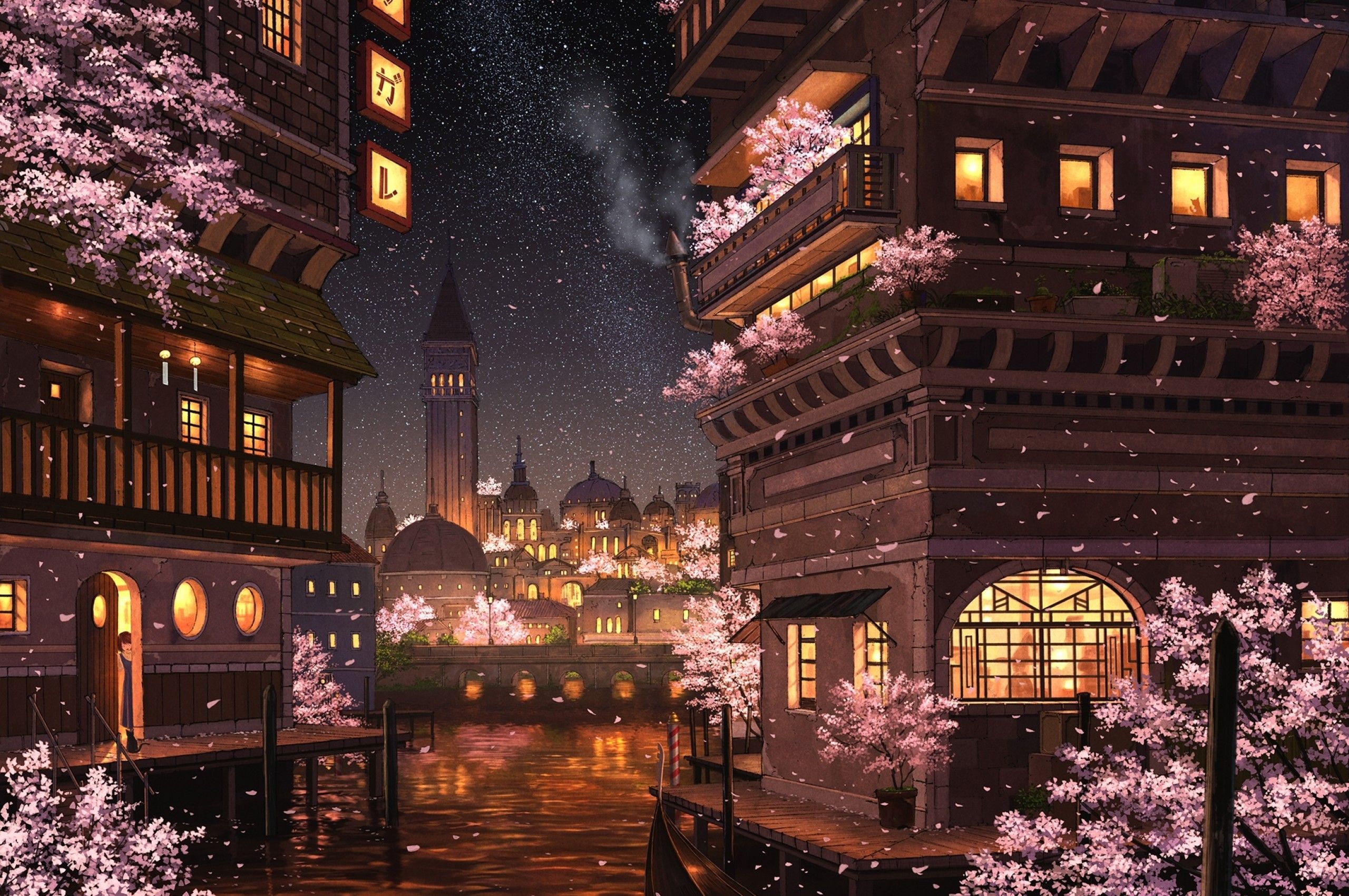 Download 2560x1700 Anime City, Sakura Blossom, Night, Buildings, Lights, Stars, River Wallpaper for Chromebook Pixel