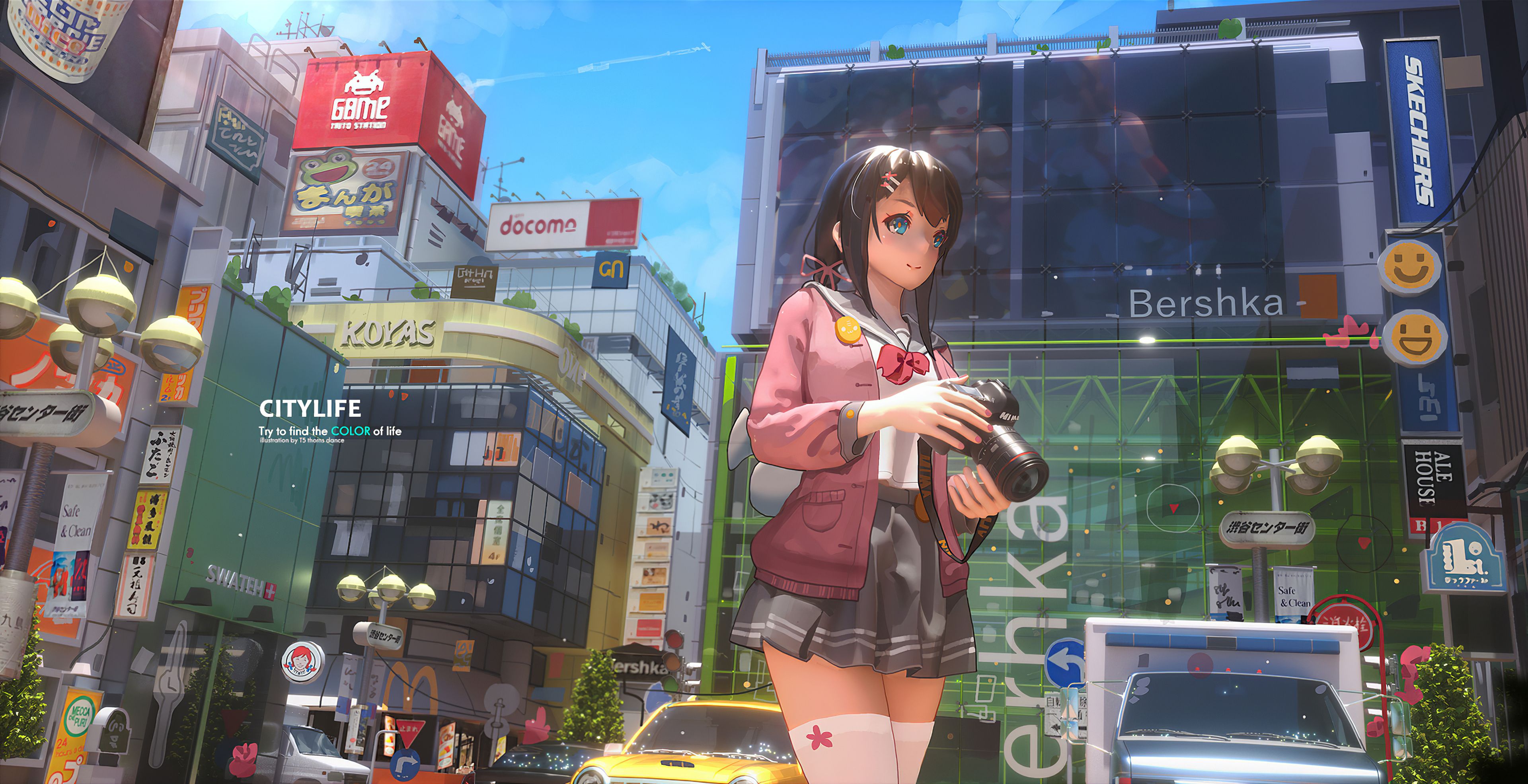 Anime Girl With Camera City Life 4k, HD Anime, 4k Wallpaper, Image, Background, Photo and Picture