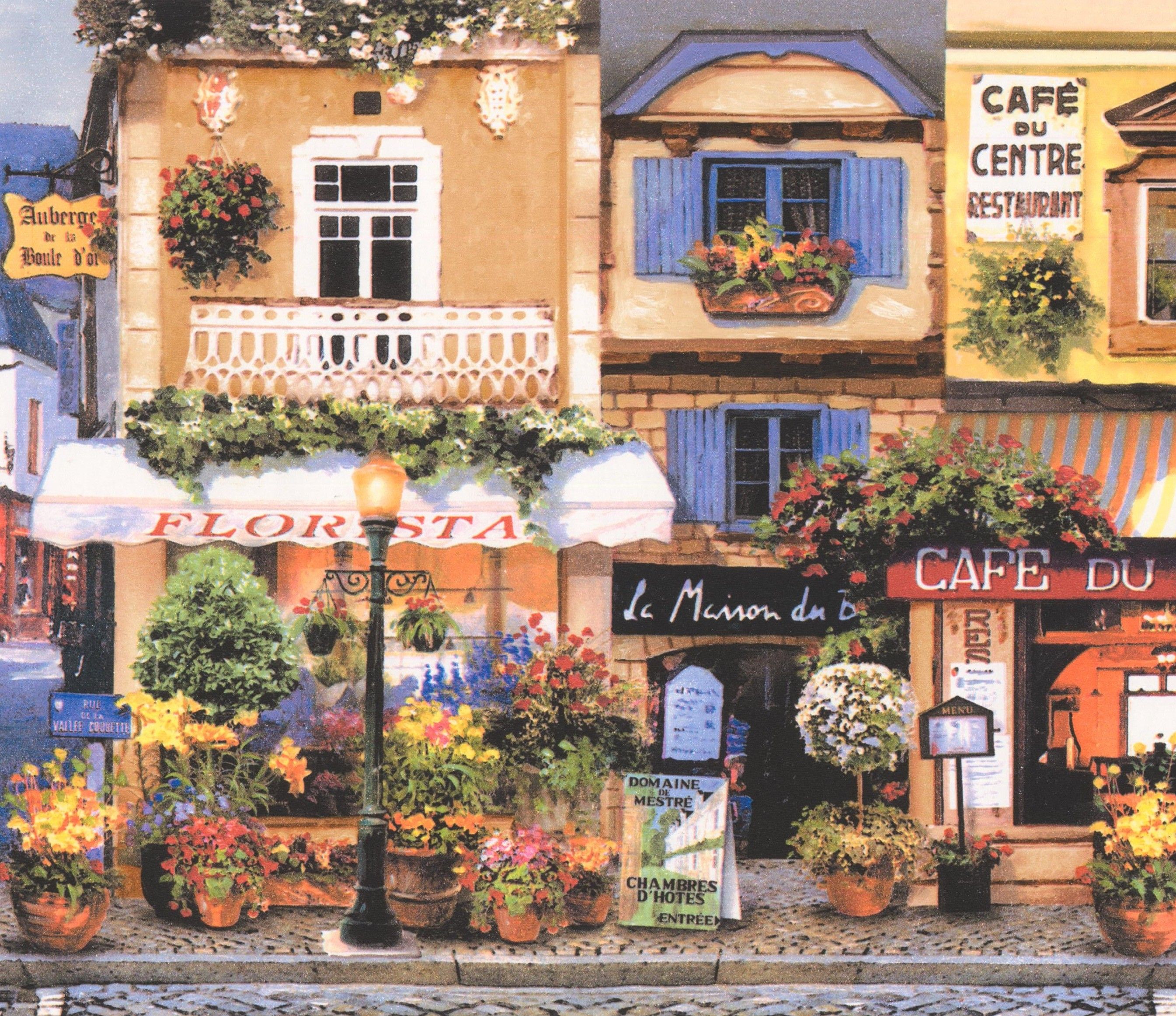 Retro French Town Paris Lille Restaurants Cafe Yellow Blue Wallpaper Border Vintage Design, Roll 15' x 7.75''