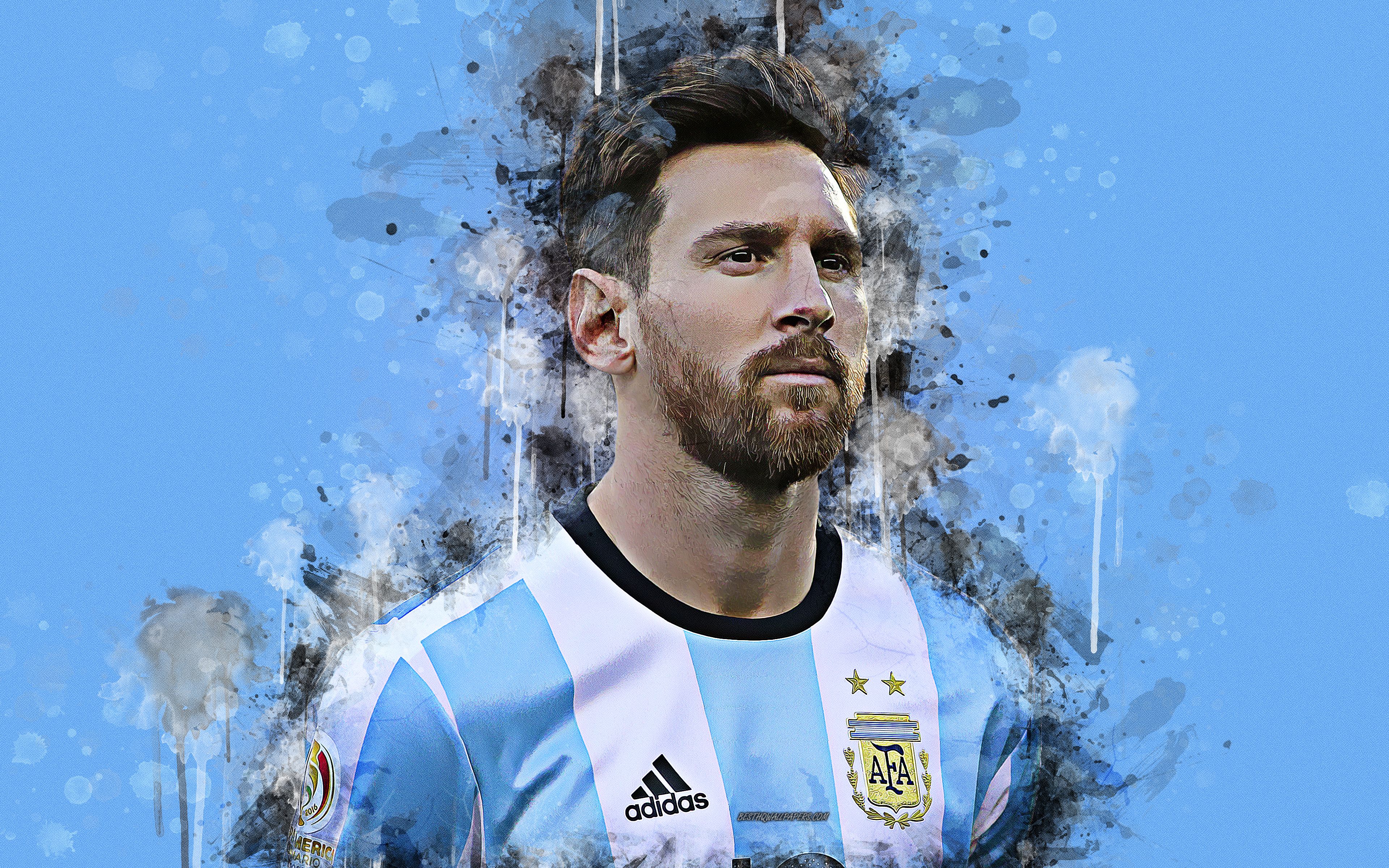 Download wallpaper Lionel Messi, paint art, 4k, face, grunge style, creative art, Argentina national football team, football, blue grunge background, Argentina for desktop with resolution 3840x2400. High Quality HD picture wallpaper