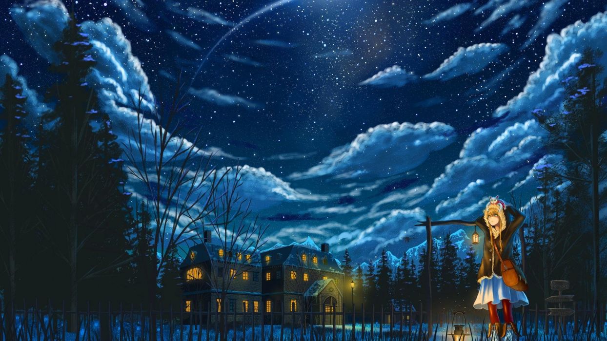 Blonde clouds stars blue girl cat winter night anime wallpaperx1080