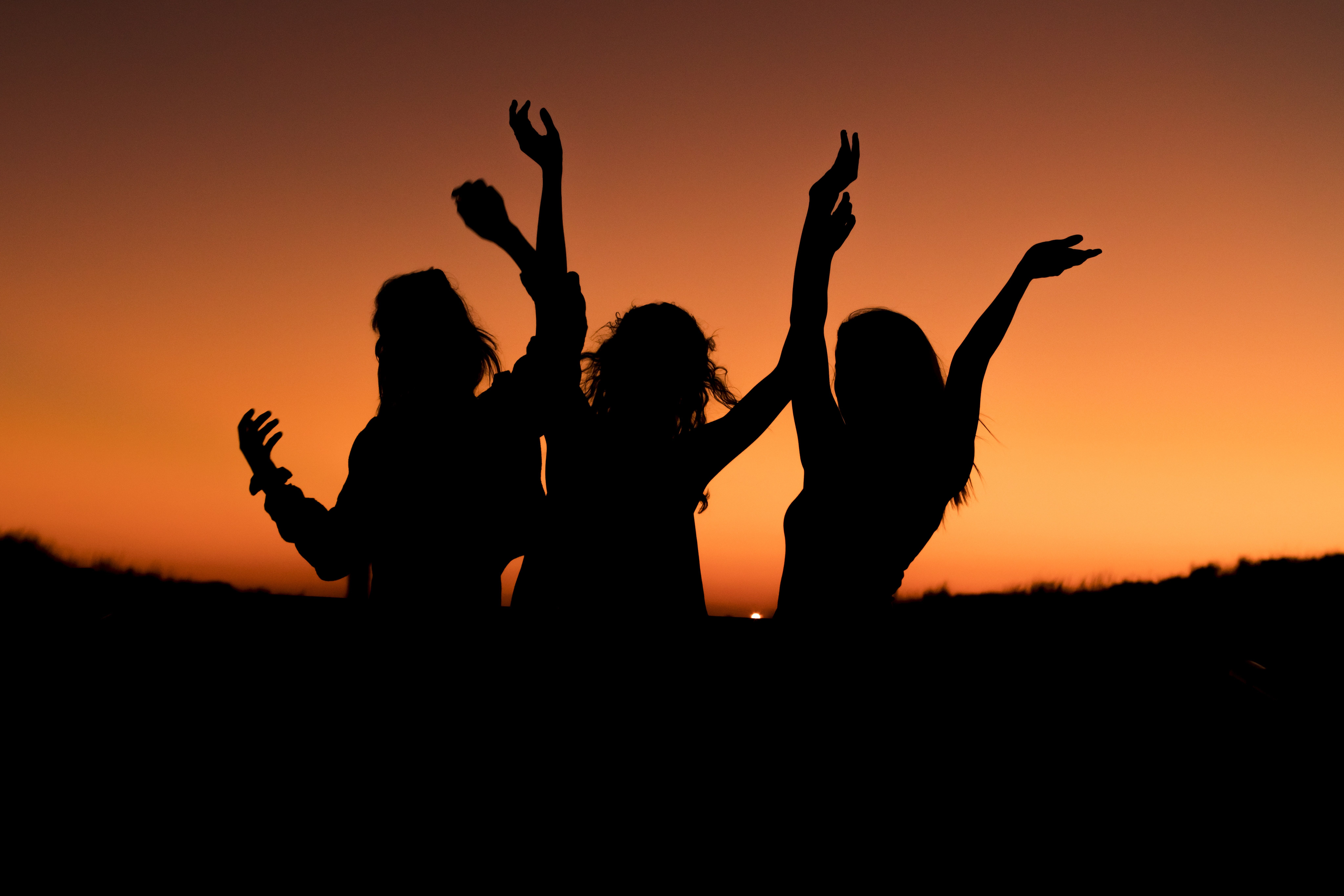Silhouette of a group of friends celebrating in an orange sunset. Intelligent people, Free things to do, Silhouette