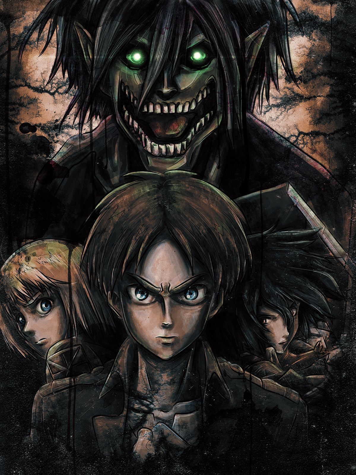 The main characters of Attack On TItan, Eren, Mikasa and Armin. Attack on titan anime, Titans anime, Attack on titan