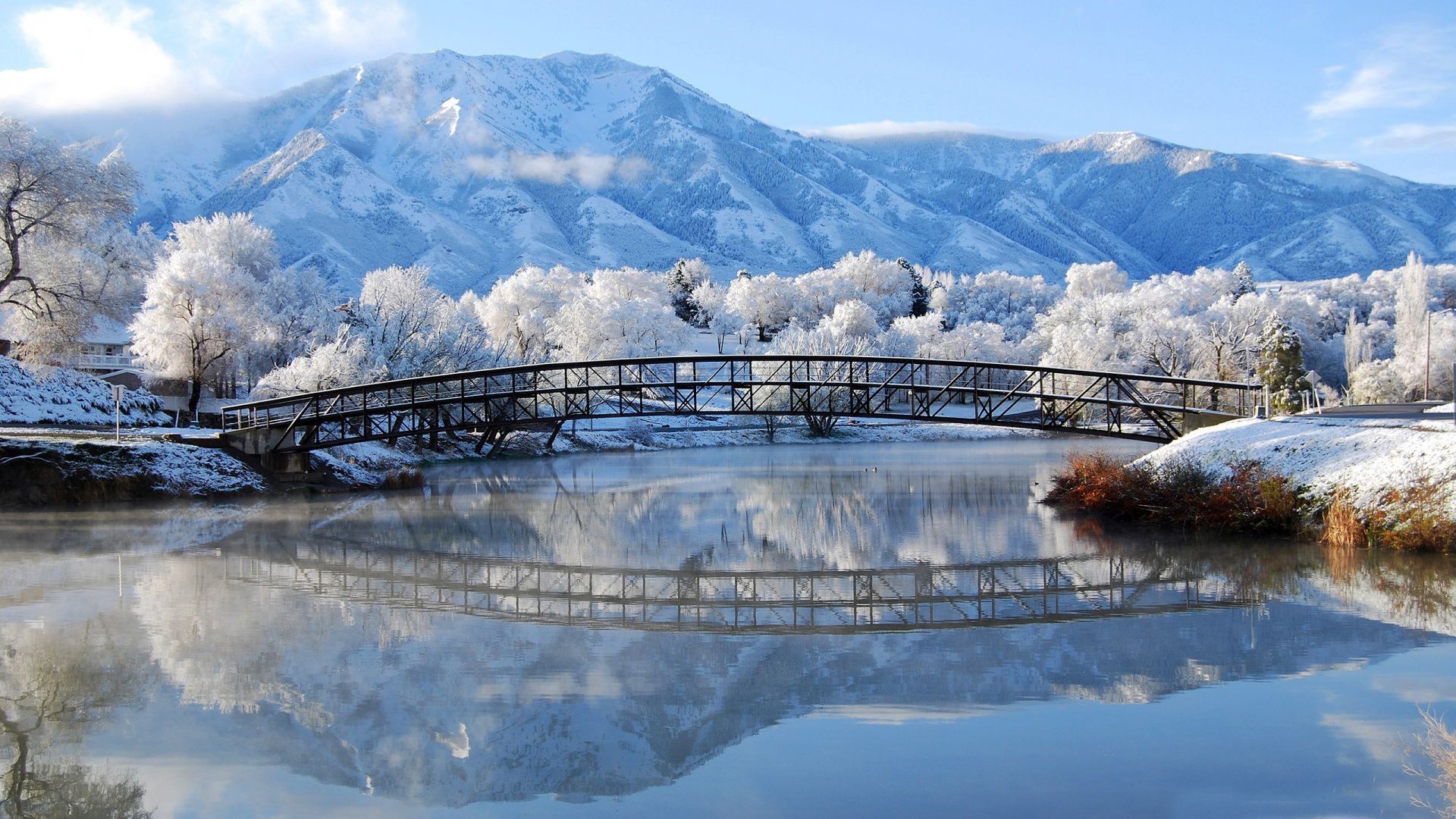 Beautiful Winter Mountain Lake Bridge Scenes For Desktop