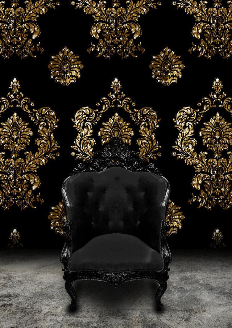 Blue Dreams revisited. Gold damask wallpaper, Black furniture, Gold bedroom