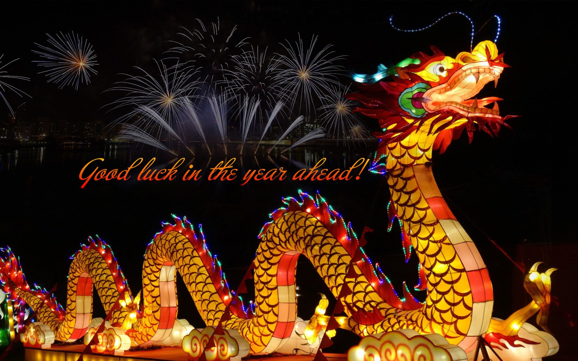 Happy New Year Chinese Wallpaper With Fireworks And Dragon Greeting Card For Your Android Mobile Phones And Desktop, Wallpaper13.com
