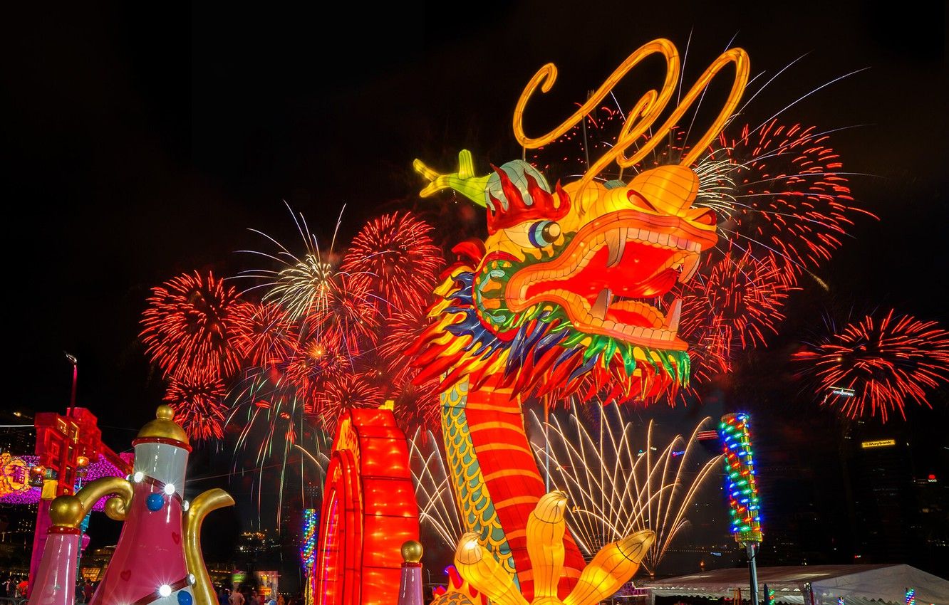 Wallpaper dragon, salute, fireworks, Chinese New Year image for desktop, section праздники