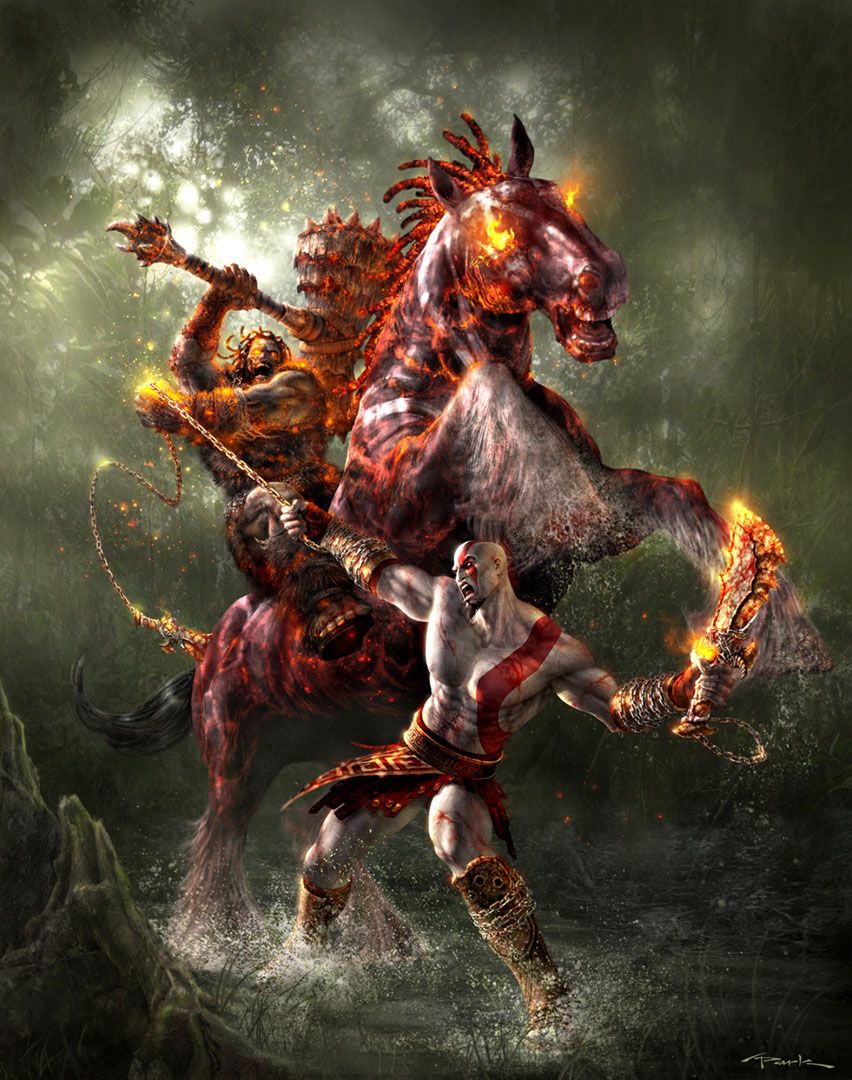 Kratos Fighting Flaming Man Riding Fiery Horse Of War Wallpaper