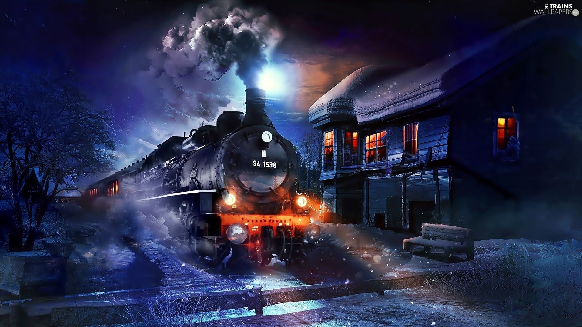 winter, Train, station, Night wallpaper: 1920x1080