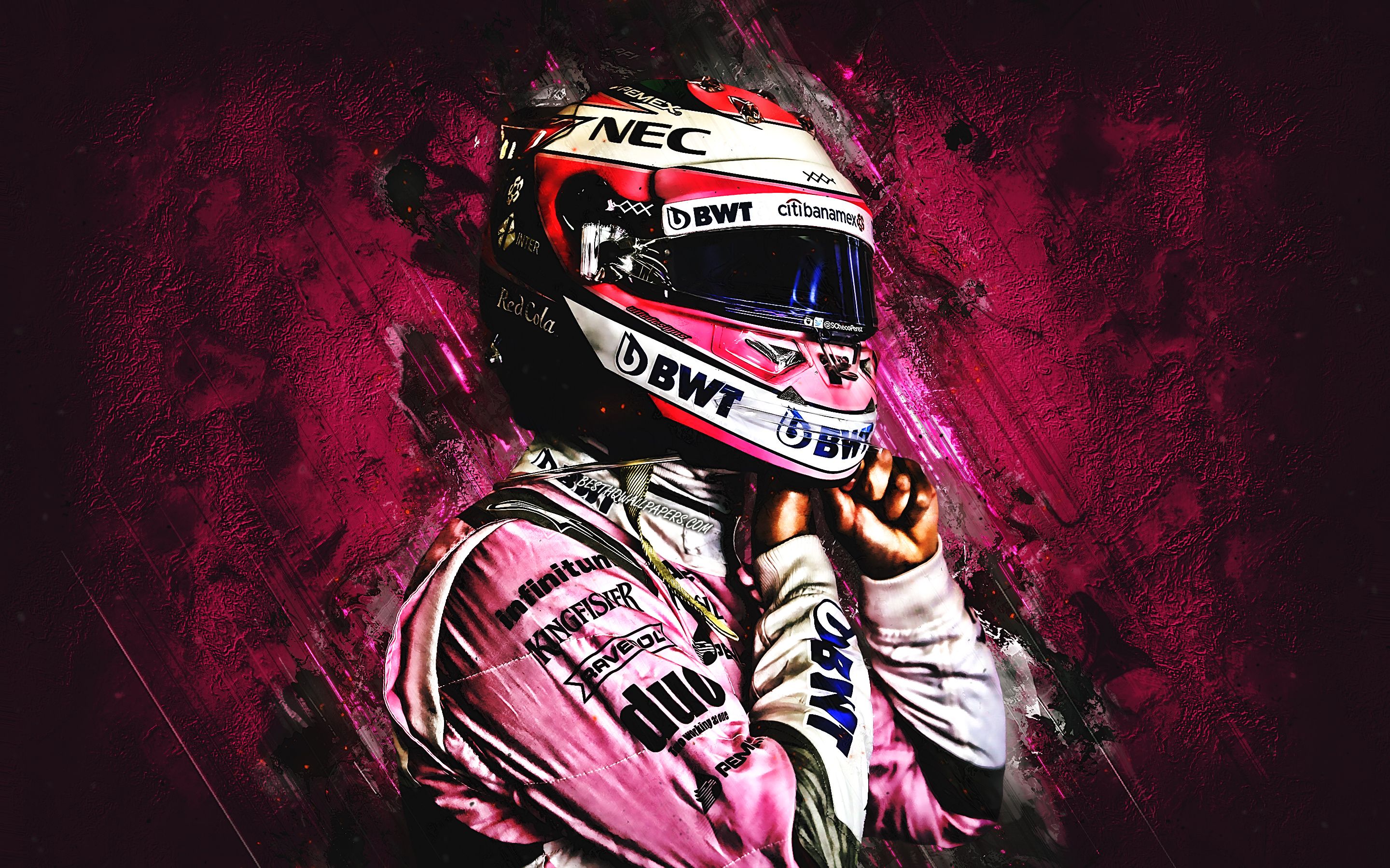 Download wallpaper Sergio Perez, grunge, Formula mexican racing driver, F SportPesa Racing Point F1 Team, Checo Perez, purple stone, Formula One for desktop with resolution 2880x1800. High Quality HD picture wallpaper