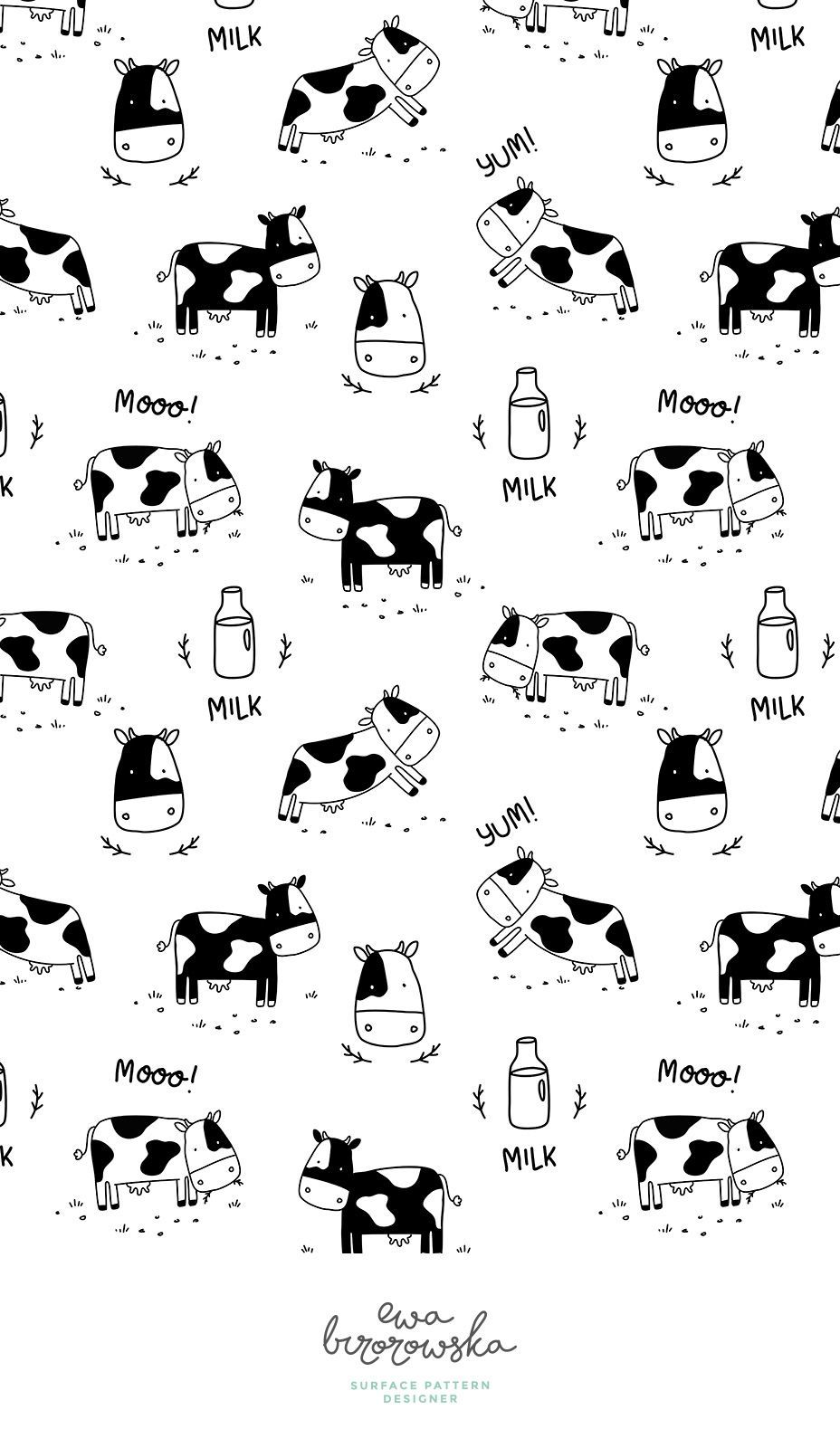 Minimal black and white cow pattern design in scandinavian style with some lettering. Cow tattoo, Cow illustration, Cow wallpaper