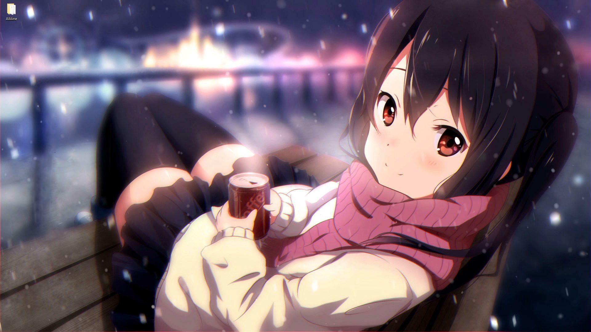 Azusa Nakano with coffee, its snowing live wallpaper [DOWNLOAD FREE]