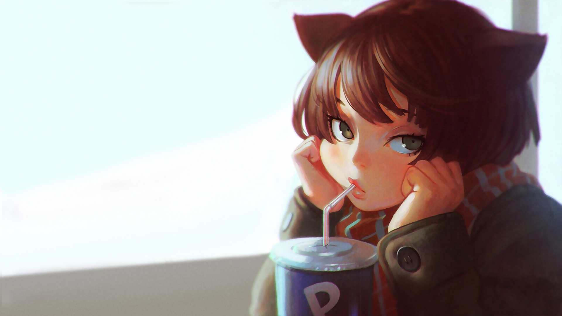 Desktop Wallpaper Cute Anime Girl Drinking Coffee, HD Image, Picture, Background, 8rt549