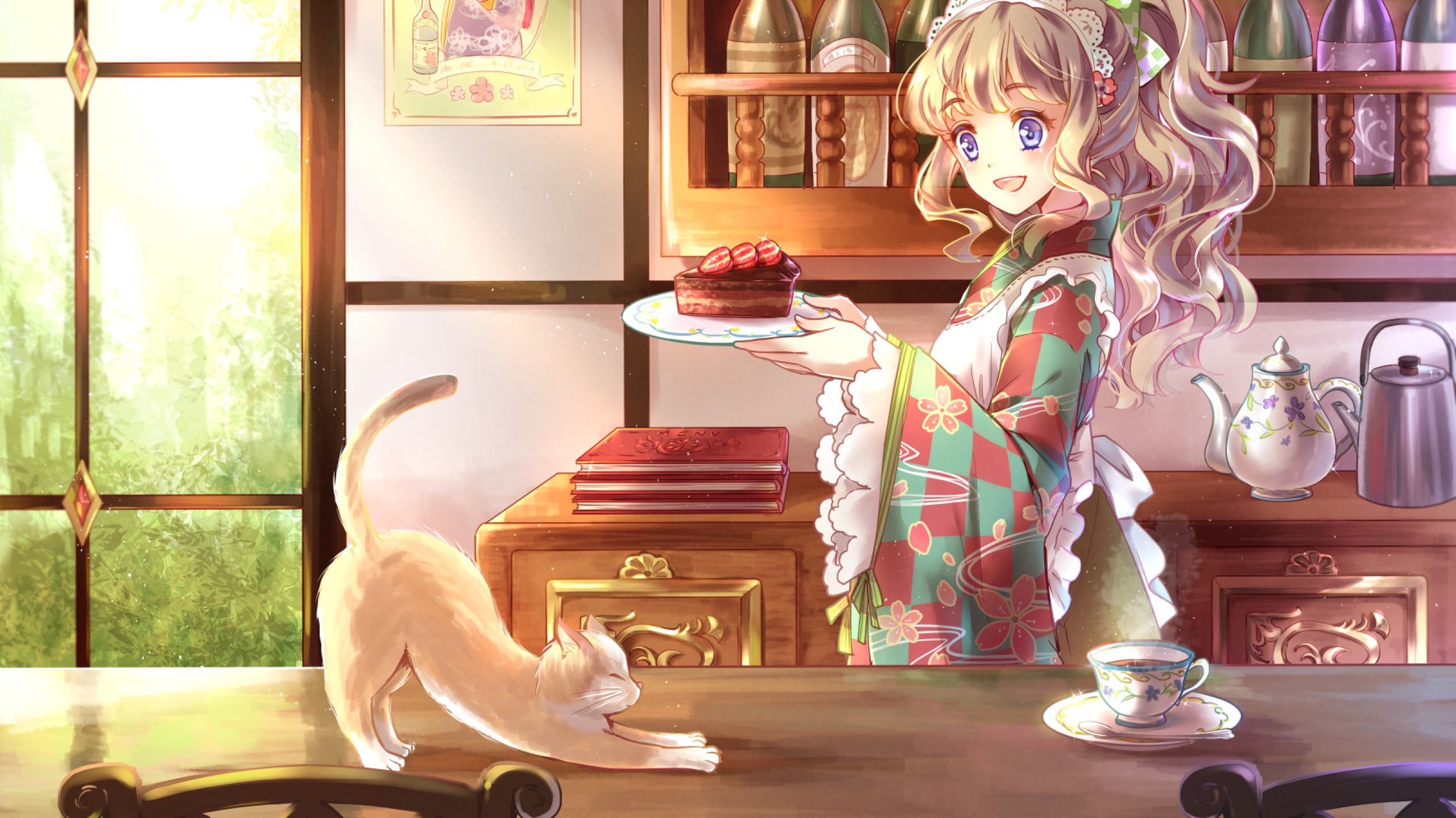Download 2560x1440 Anime Girl, Bar, Kitten, Kitchen, Coffee Wallpaper for iMac 27 inch